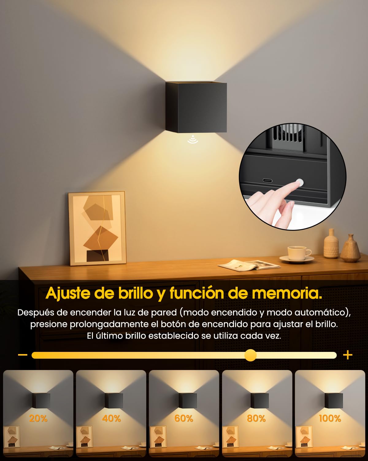NIBSHOOM Aplique Pared Interior Lampara Sin Cable con Detector de Movimiento,3000K Led Apliques Pared Dormitorio Recargable de Aluminio,Regulable Negro Oscuro Luz Pared de Pasillo Escaleras Estar