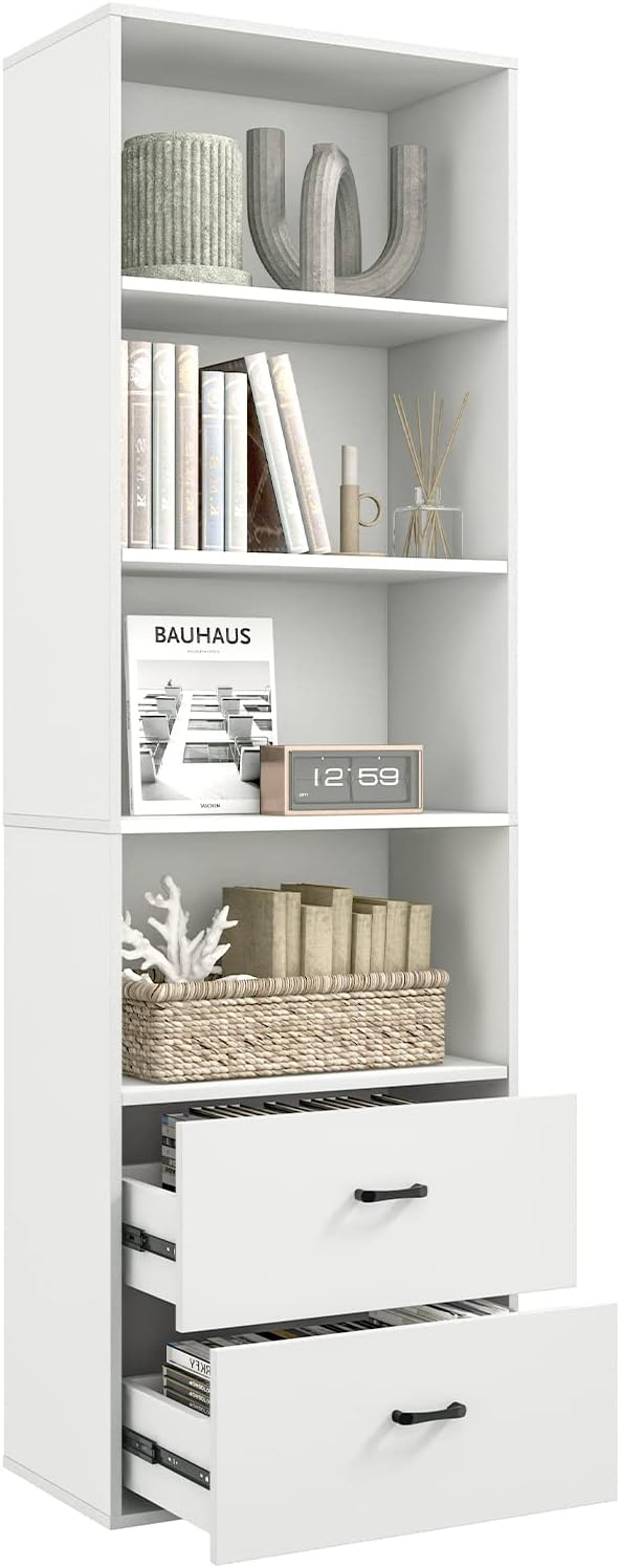 MAT EXPERT 71” White Tall Bookcase, Modern Display Storage Cabinet with 4 Tier Open Shelves & 2 Drawers, Kitchen Pantry Cabinet, Freestanding Wooden Bookshelf and Bookcase for Home Office