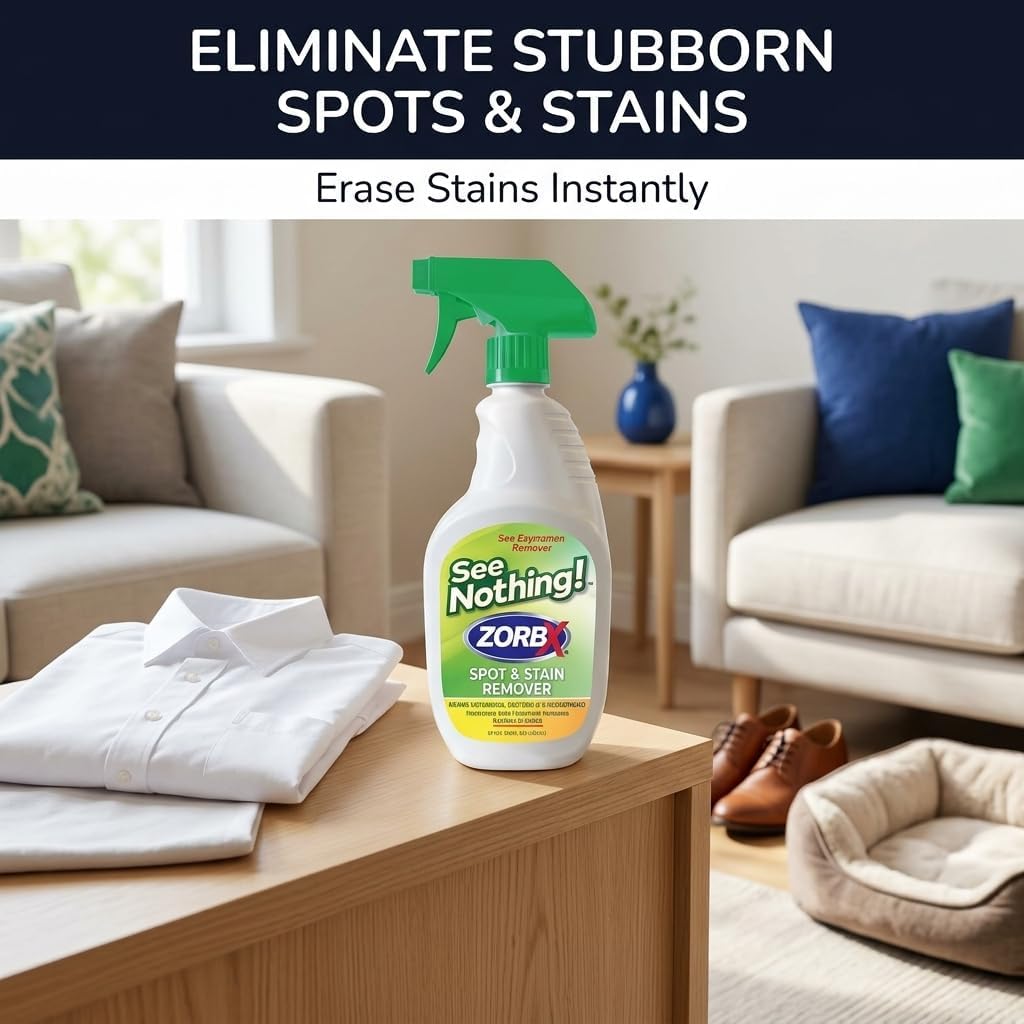 ZORBX See Nothing Spot & Stain Remover Spray (24 oz.) - All Purpose Cleaner for Shoes, Clothes, Furniture & Pet bedding - Fast-Acting Scrub-Free Odor & Enzyme Stain Remover for Ink, Blood & Urine