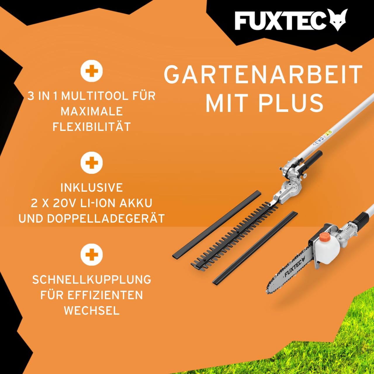 FUXTEC 3in1 Multitool FX-E2MTSET • 40V • Akku Motorsense mit Kettensägen Aufsatz & Heckenschere • Grastrimmer • Freischneider mit Schnellkupplung • Kombigerät