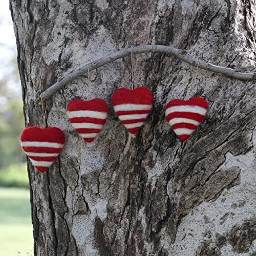 De Kulture Handmade Premium Wool Felt Hanging Heart Bauble Eco Friendly Needle Felted Ornament Stuffed Valentine Gift Ideal For Home Office Party Decoration Holiday Décor, Set Of 4 (Red & White) #TOP4