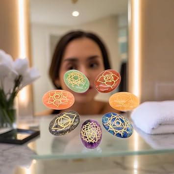 7 Chakra Healing Crystals Oval Stones Set - Reiki Crystal Engraved Symbols Holistic Palm Crystals