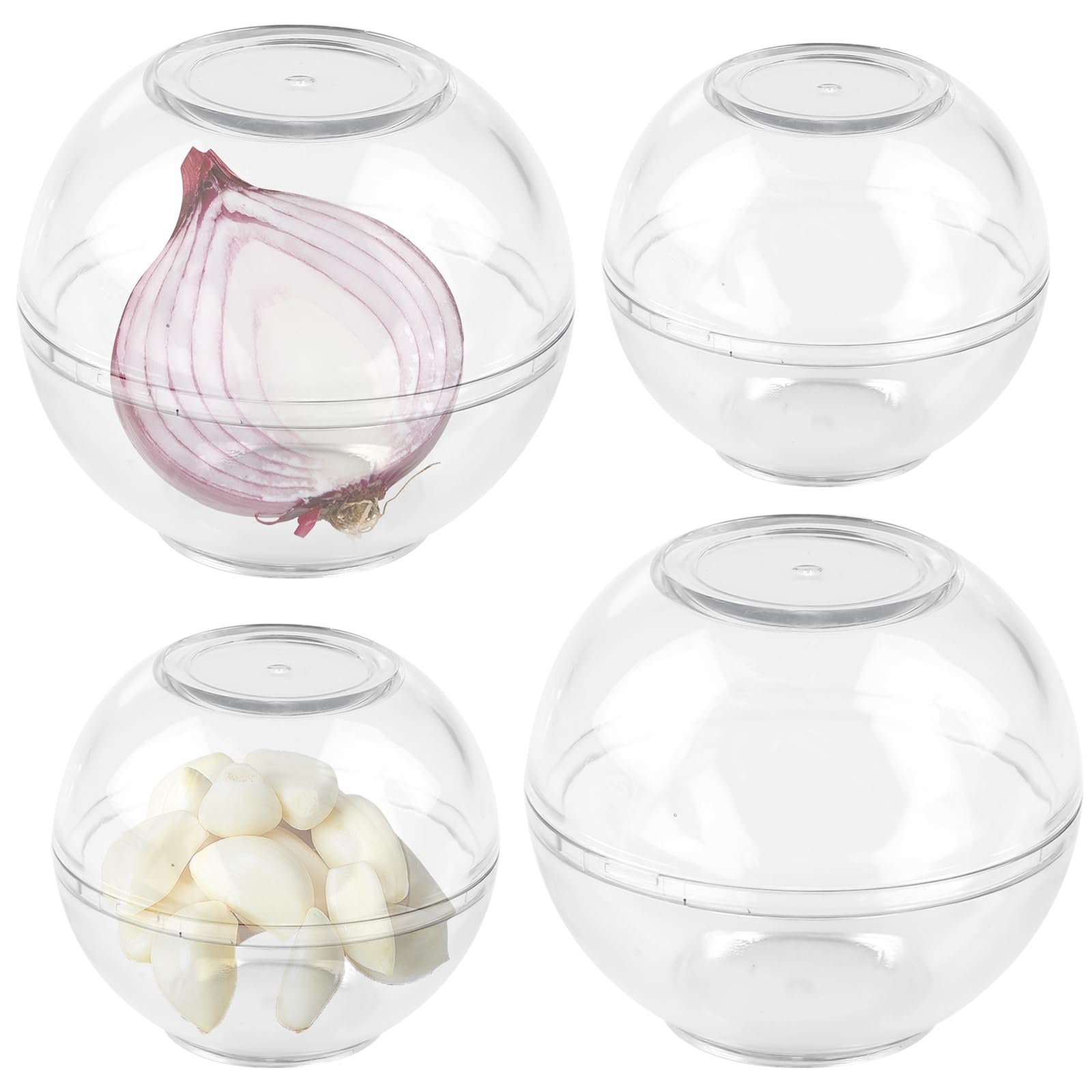 BAIFULAI Set of 4 Onion Containers, Food Storage Balls Garlic & Onions, Fridge, Plastic, 7 & 9 cm Diameter, Transparent, Onion Garlic Storage