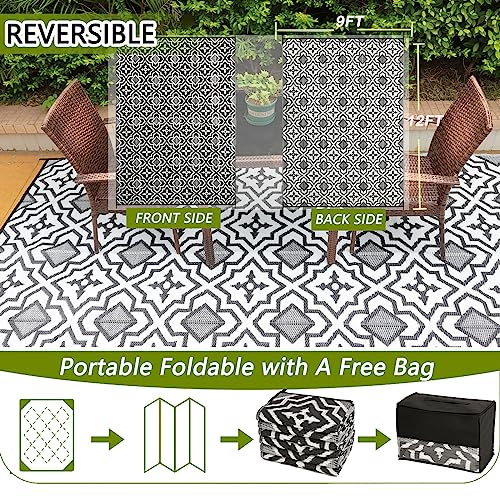 Patio Rugs Outdoor 9X12 Clearance Waterproof Camping Rugs For Outside Your Rv Outdoor Plastic Straw Rug Deck Rugs Patio Mat Outside Black And White Grey Large Outdoor Rug For Camping Deck, Beach,Pool… #TOP4