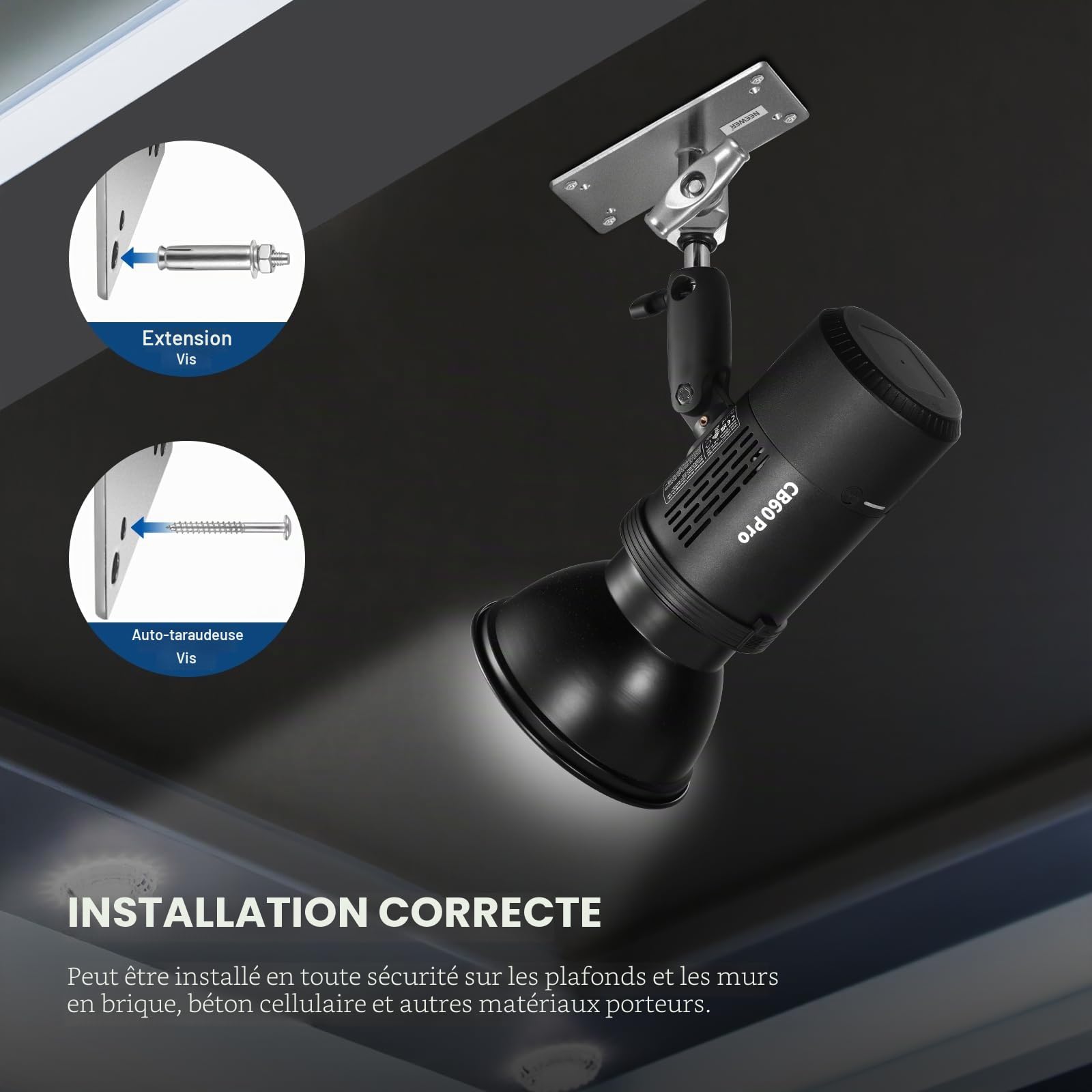 Neewer St-WM2 Support Mural au Plafond de 16,5 cm avec tête sphérique pivotante à 360° et 10 vis, Support Mural pour Studio Photo, Lampe vidéo, Flash stroboscopique, Charge maximale 10 kg