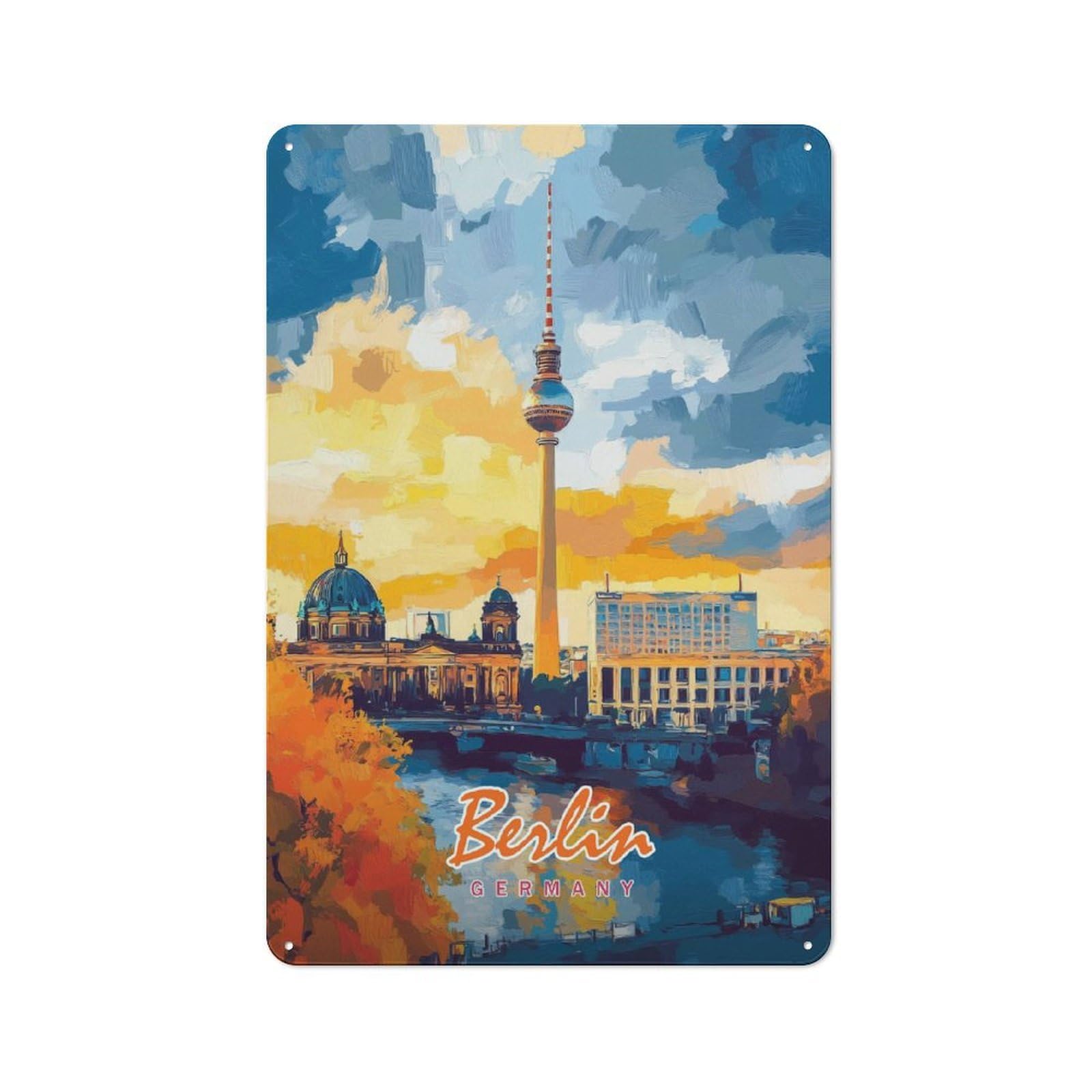 Junmoney Style-7 Urban Metal Wall Art Sign 30X20cm Featuring Berlin Skyline Painting, Studio Wall Art For Modern Home, Workshop, Office Or Cafe