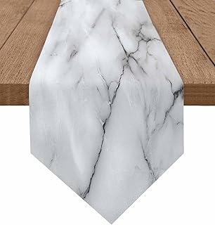Marble Linen Table Runner-48Inch Long White and Grey Stone Texture Washable Burlap Table Runners Natural Cracks Granite Dining Dresser Scarfs for Kitchen Wedding Holiday Party Tables Decor