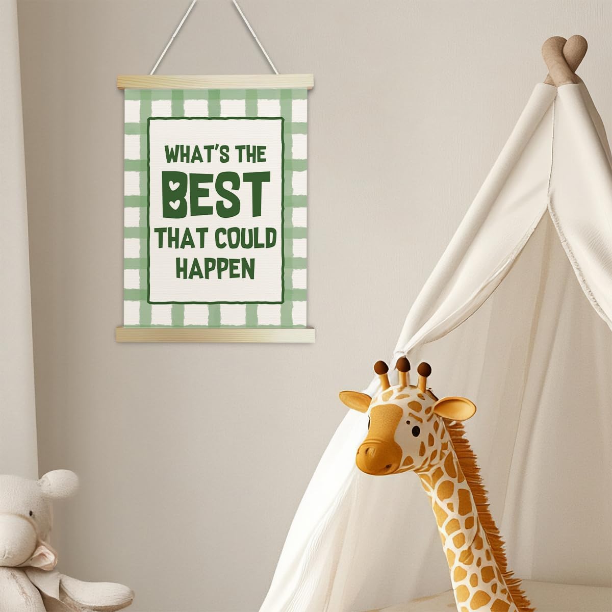 QWFFNBMU Whats The Best That Could Happen Green Striped Inspirational Wall Decor, Positive Quotes Funky Preppy Canvas Banner Framed Poster Wall Art Decor for Home Office Bedroom Living Room image 4