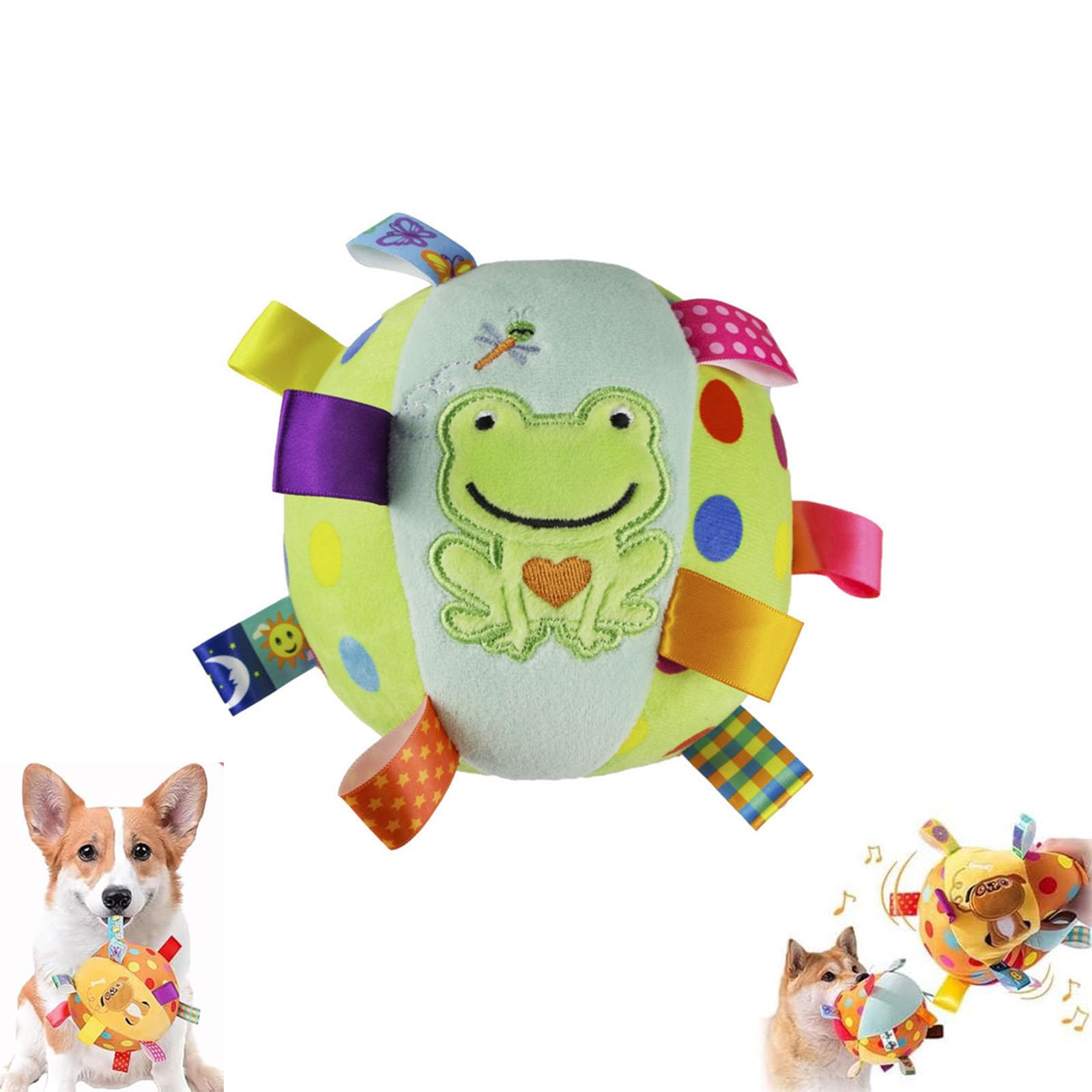 Colorful Squeaky Hanging Dog Training Toy, 6-Inch Soft Stuffed Ball with Cotton Material and Built-in Bell, Squeaky Plush Toy With Straps,Elastic Stretchy Hanging Strap for Play (Green Frog)