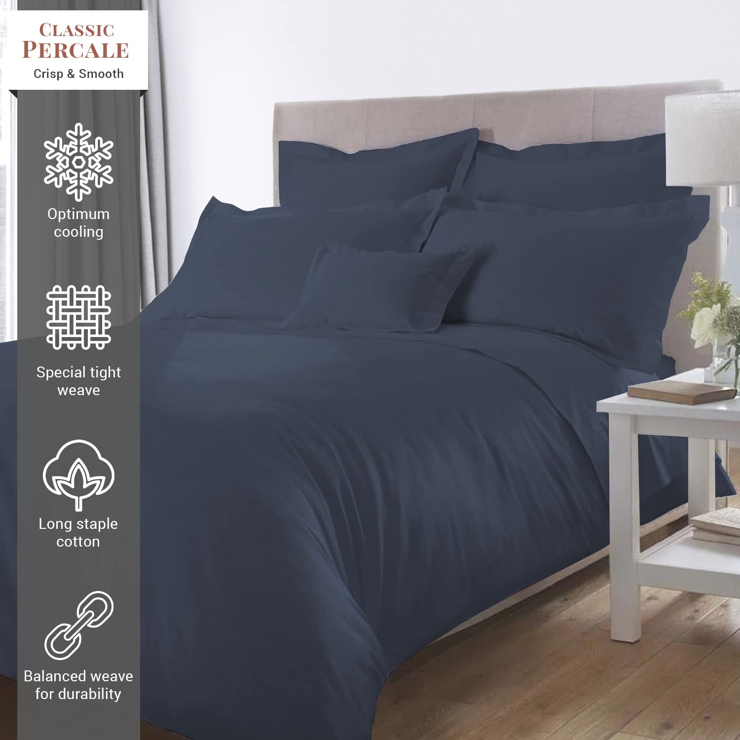 Pizuna Dark Blue Cotton Percale Duvet Cover Super King Size 260x220 - Image 2