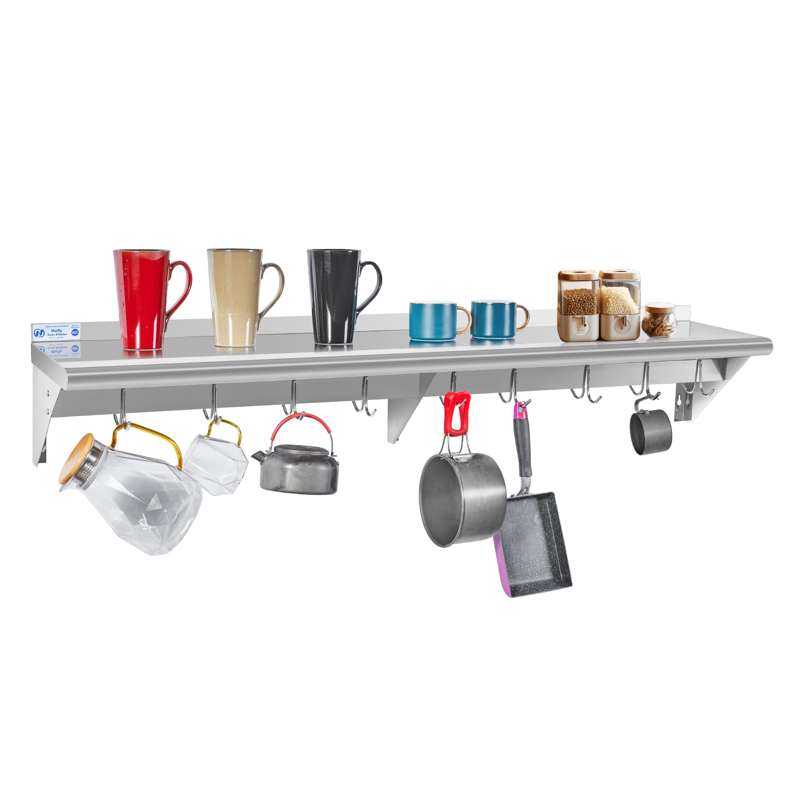 Hally Stainless Steel Shelf with 9 Hooks 12"x60" Wall Mounted Pot Rack NSF