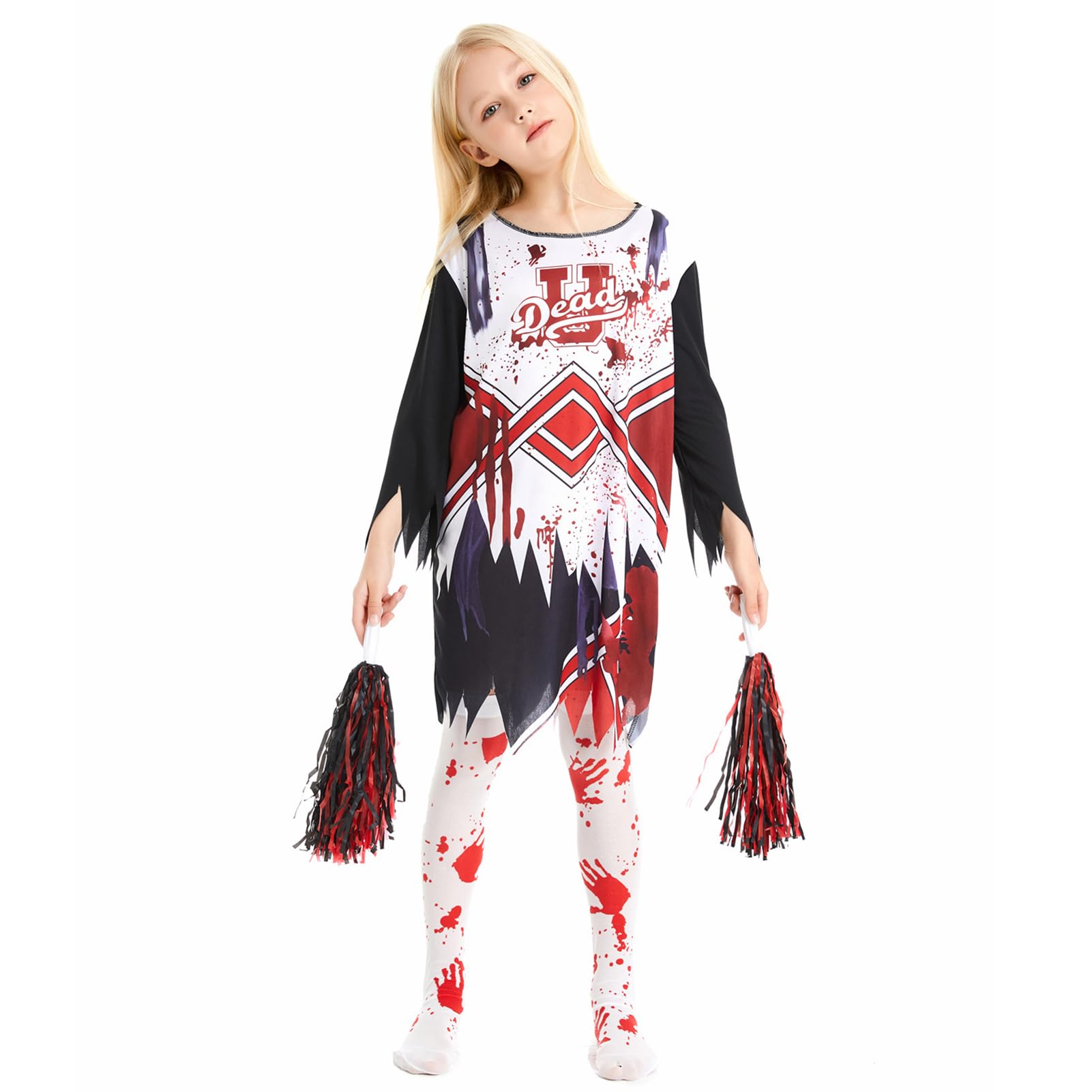 Joyesplay Halloween Zombie Cheerleader Costume Kids 6PCS Set Dead Cheerleader Outfit Fancy Dress Halloween Costumes for Girls Kids Zombie Fearleader Costume For Girls - Image 4