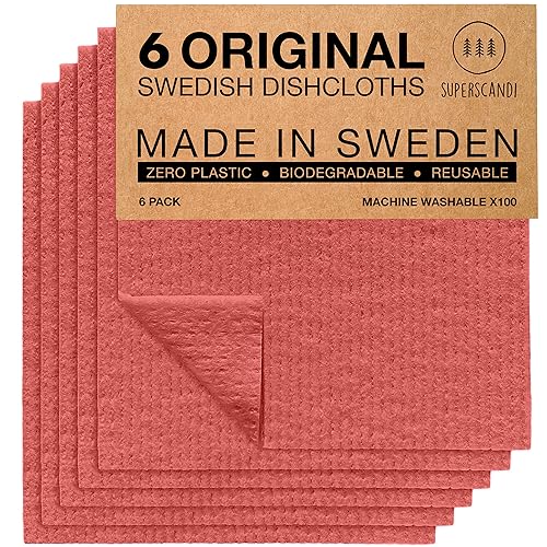 SUPERSCANDI Putzlappen im 6er Pack - 100% Biologisch Abbaubar & Kompostierbar | Wiederverwendbare & Lebensmittelsichere Spültücher Ohne Plastik | Für Jede Oberfläche Geeignete Spüllappen | Rot