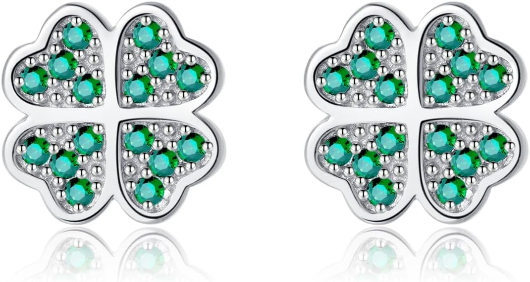 Reffeer Solid 925 Sterling Silver Four Leaf Clover Earrings Stud for Women Teen Girls CZ Clover Stud Earrings Green St Patricks Day Earrings