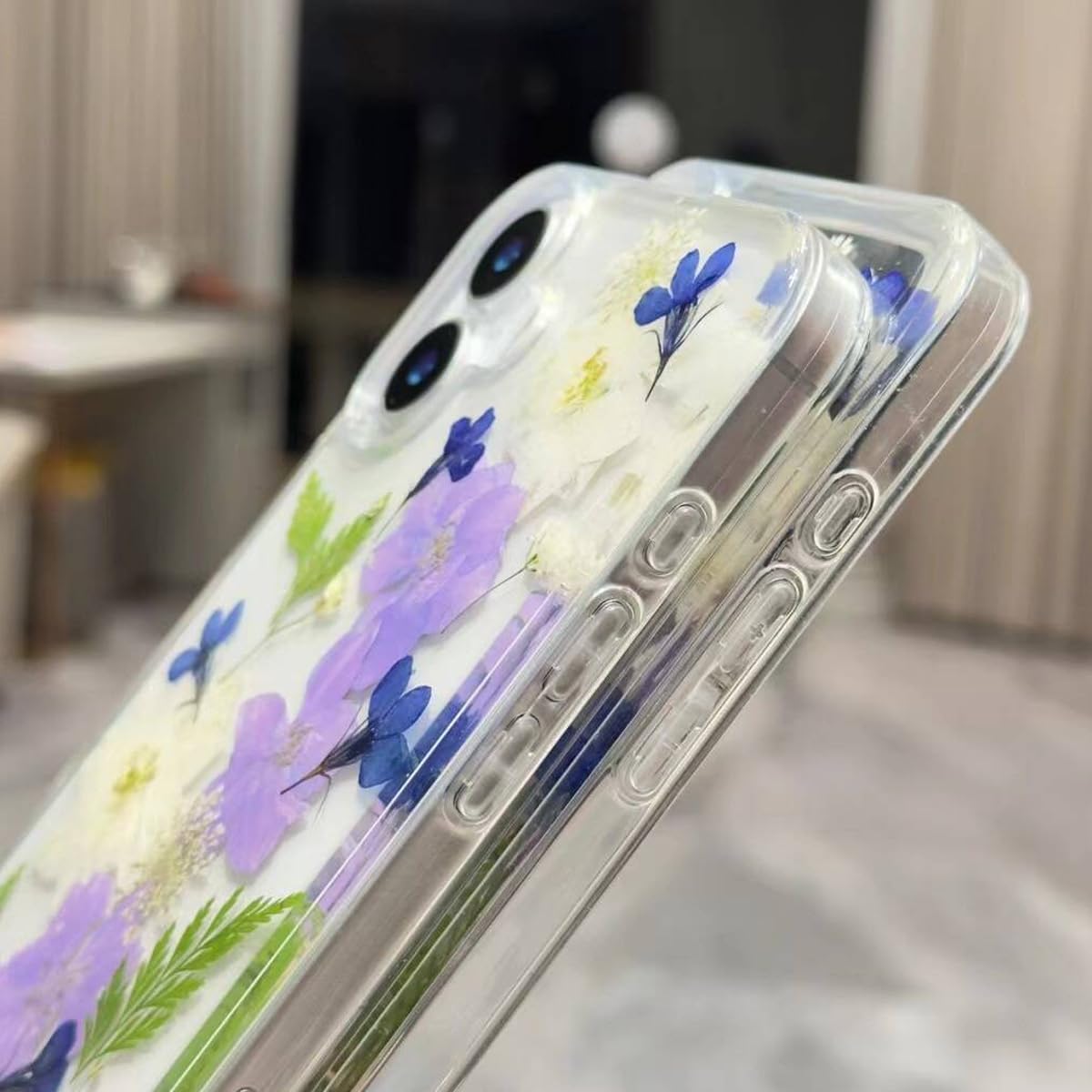 for iPhone 16 Clear Glitter Floral Case,Cute Pressed Real Flowers Design Bling Sparkly White Floral Soft TPU Silicone Bumper Shockproof Protective Case for Women Girls for iPhone 16 6.1",Blue - Image 3