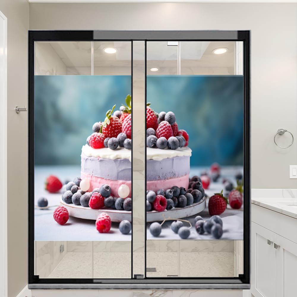 Pellicola per la privacy per finestre con torta di frutta, frutti di bosco dolci, rivestimenti per finestre in vetro colorato, senza colla, pellicola statica per finestre per casa, ufficio, negozi, 90
