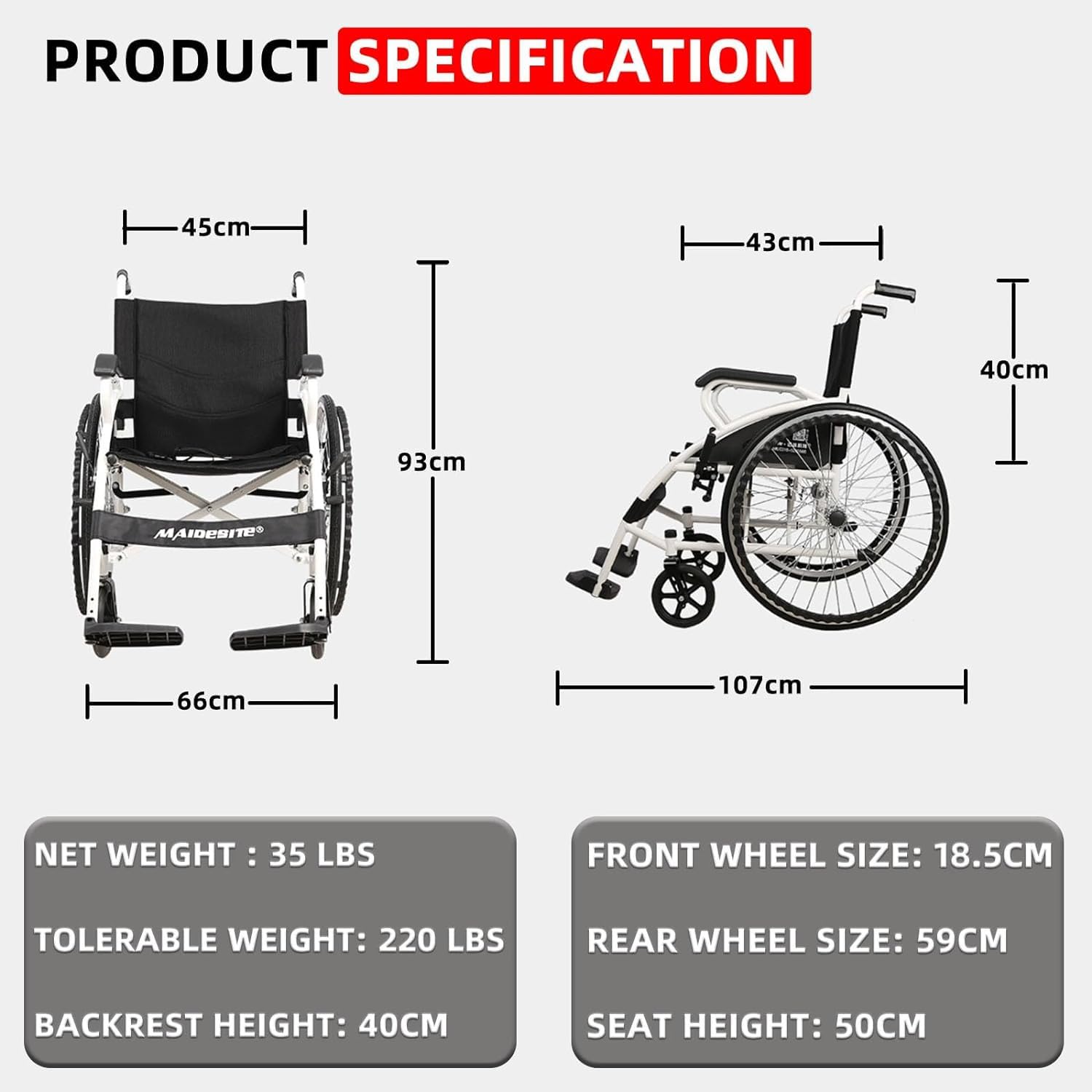Silla de Ruedas Plegable Ligera con Freno, Silla de Ruedas de Viaje con Reposapies Plegables, Pesa Solo 15.8 KG Cuando Esta plegada, Puede Caber facilmente en el Maletero de un Coche.