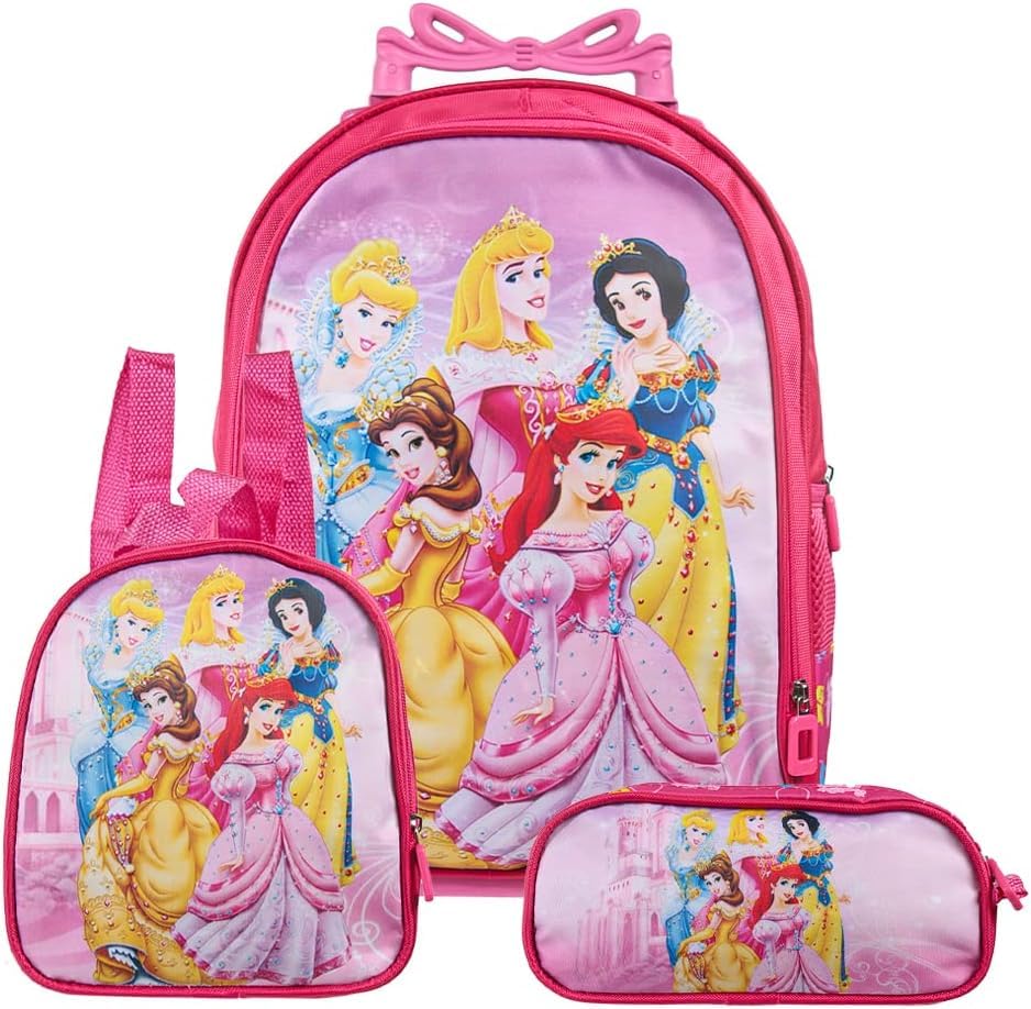 Kit Mochila Infantil Feminina Princesas com Rodinhas + Lancheira Térmica + Estojo