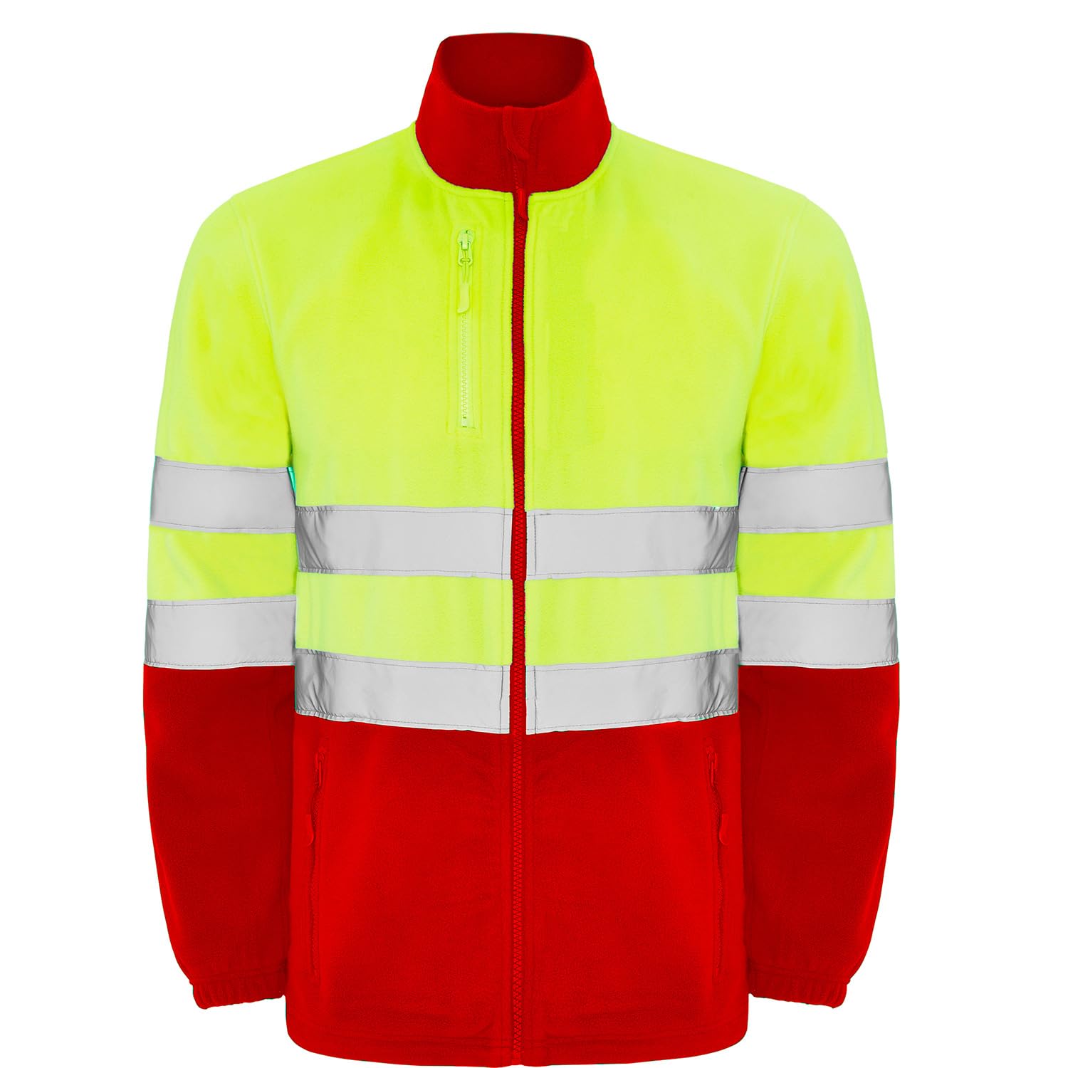 Chaqueta polar alta visibilidad adulto con cintas reflectantes, cremallera completa, bolsillos frontales y pecho, 100% poliéster