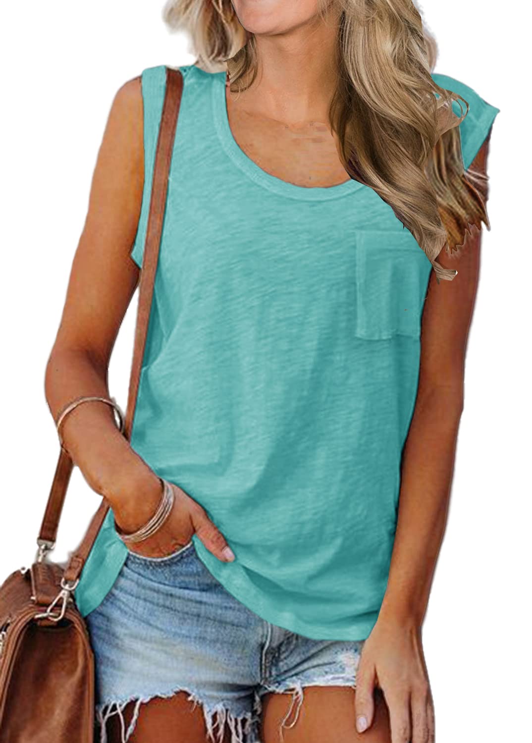 YEXIPO Womens Tank Tops Summer Casual Scoop Neck Sleeveless Loose Fit Summer Blouses Shirts with Pocket