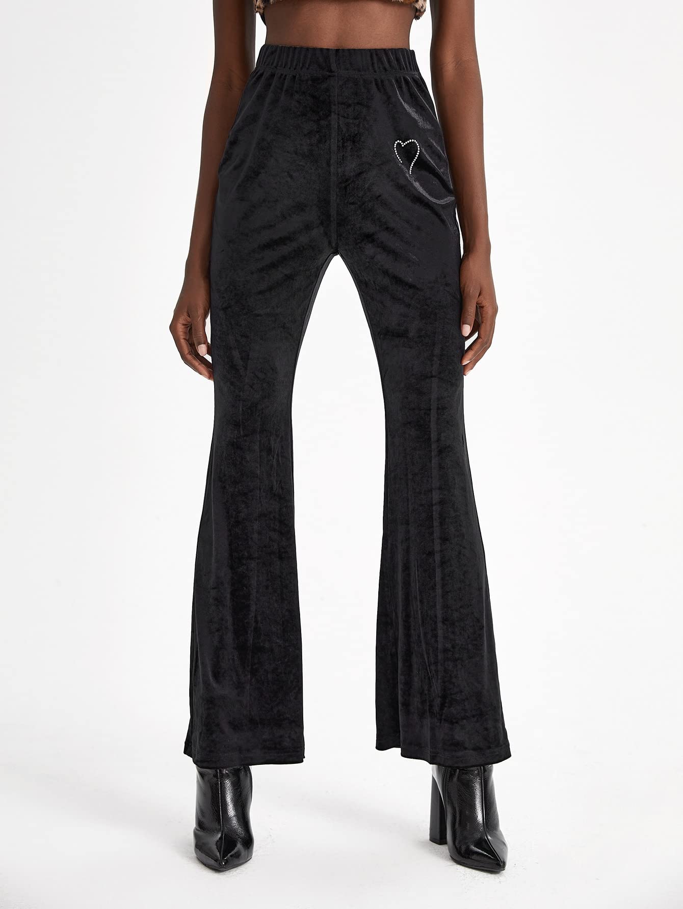 CRYBA Womens pants Rhinestone Heart Print Elastic Waist Flare Leg Velvet Pants pant for women
