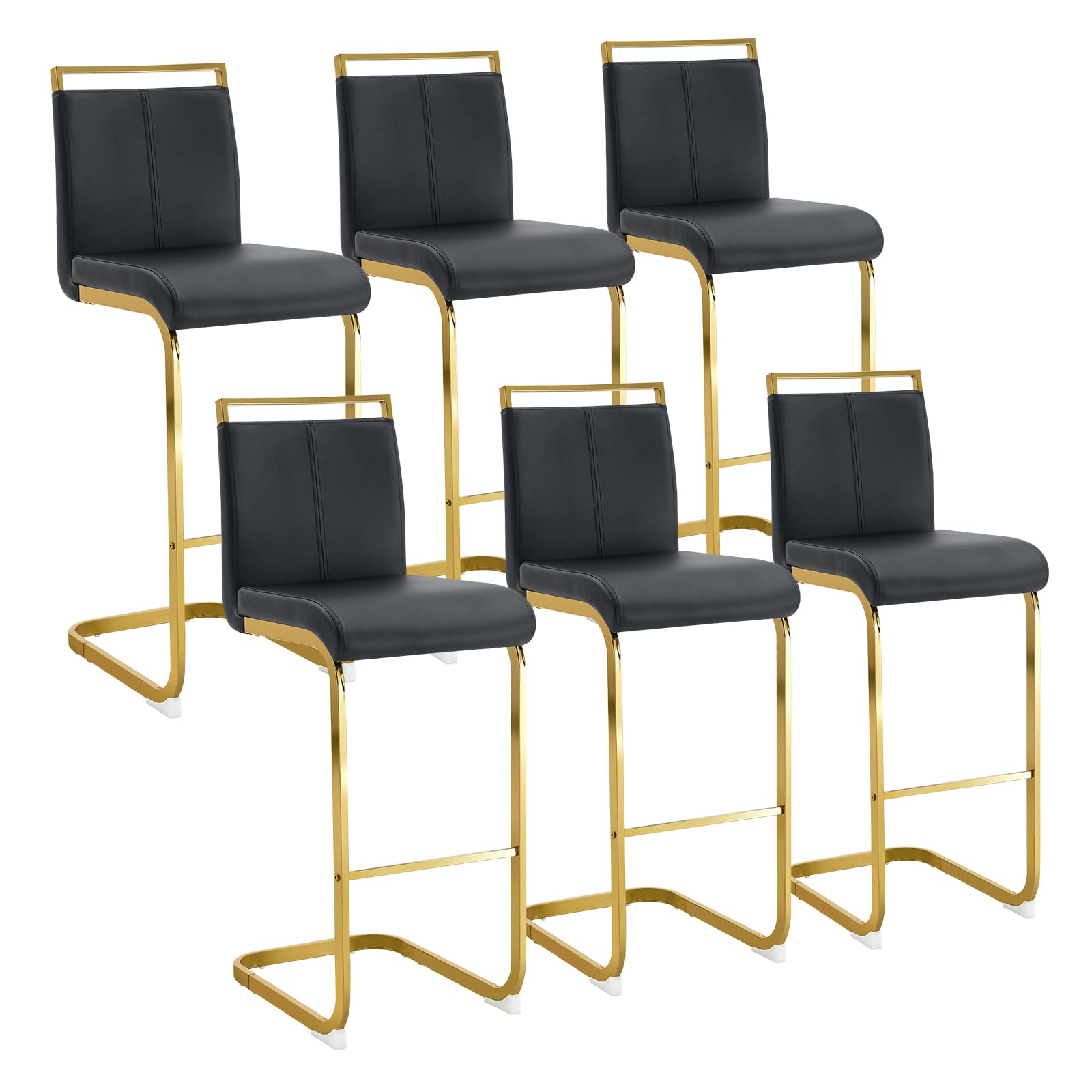 30'' Counter Height Bar Stools Set of 6, Modern Upholstered PU Leather Bar Stools with Back Chrome Plated Metal Frame, 30 inch Armless Bar Chairs for Kitchen Island (Black+Gold, Set of 6)