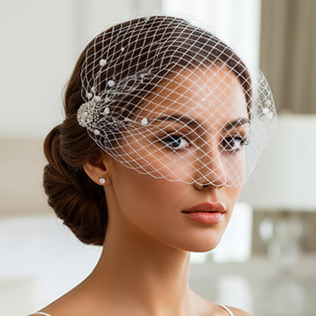 White Wedding Birdcage Veils with Comb Bridal Veil Pearl Bandeau Veil for Bride and Bridesmaid