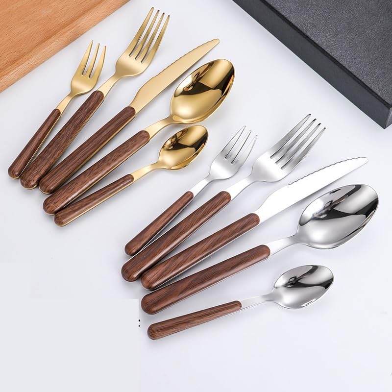 Este Juego de Cubiertos, 5/20/30/40 Piezas, Cuchillo, Tenedor y Cuchara de Acero Inoxidable con Mango de Madera, Estilo Retro, Incluye Cuchara para café, Postre y Tenedor para Fruta, Color p