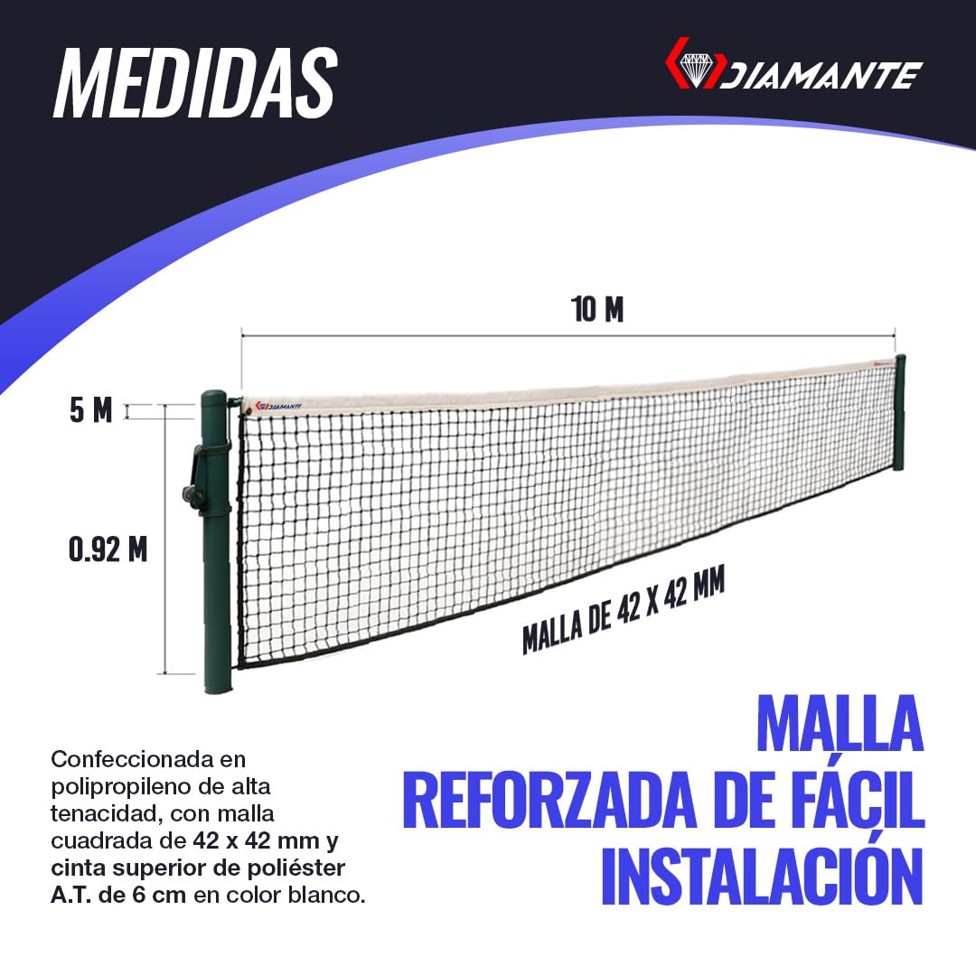 DIAMANTE Red Padel Profesional - Red Badminton y Padel Accesorios Hombre - 10x0,92m con Cable de Acero y Tratamiento Anti UV - Ideal para Redes Deportivas, Red Pickleball y Badminton Red