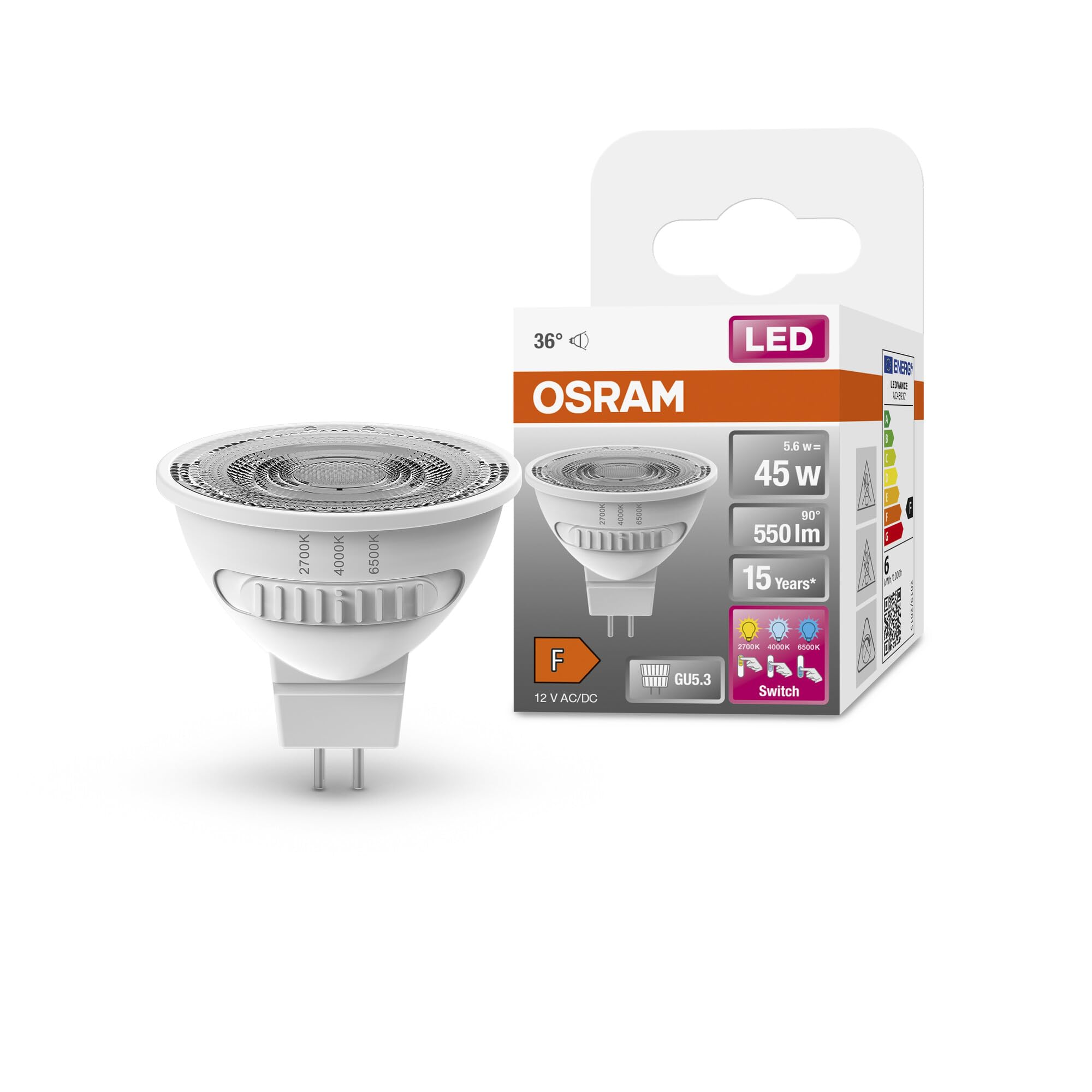 OSRAM Lampada LED LED SPOT MR16 45 con riflettore, GU5.3, 5.6W, 550lm, 2700K-6500K, scelta tra tre tonalità di luce bianco caldo, freddo, luce diurna, basso consumo energetico, lunga durata