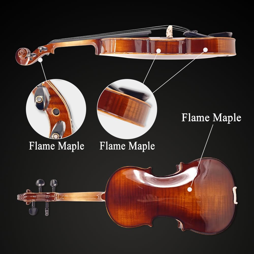 Violon 4/4 complet pour débutants, adultes, étudiants, épicéa vieilli, violon en bois massif, fixations en ébène avec étui rigide, épaulière, archet, accordeur, cordes supplémentaires (marron