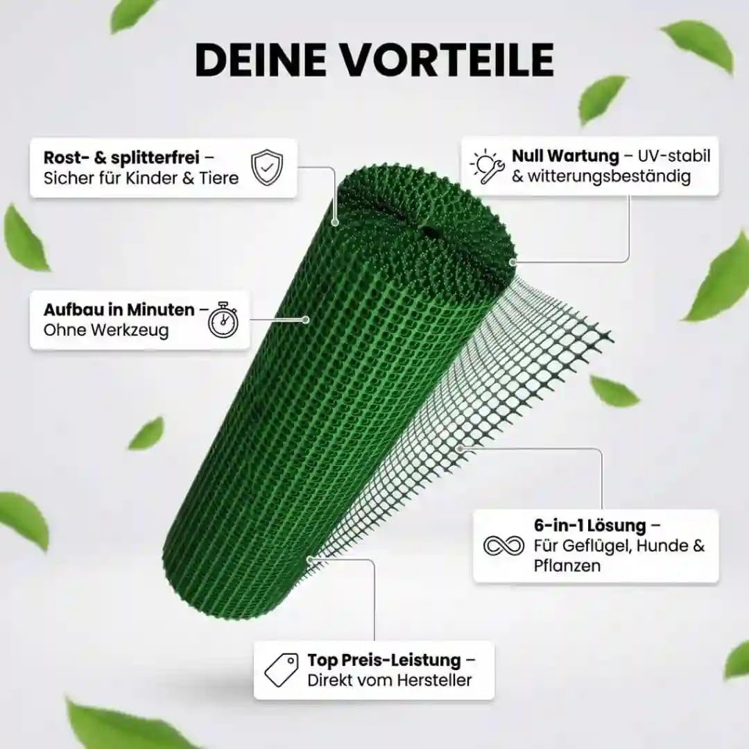 Florade® Kunststoffzaun | Gartenzaun | Geflügelzaun | Gartenzaun Kunststoff | Hundezaun | Robust & witterungsbeständig | Vielseitig einsetzbar | Grüne Farbe | Quadratförmige Maschen | 330g/m²