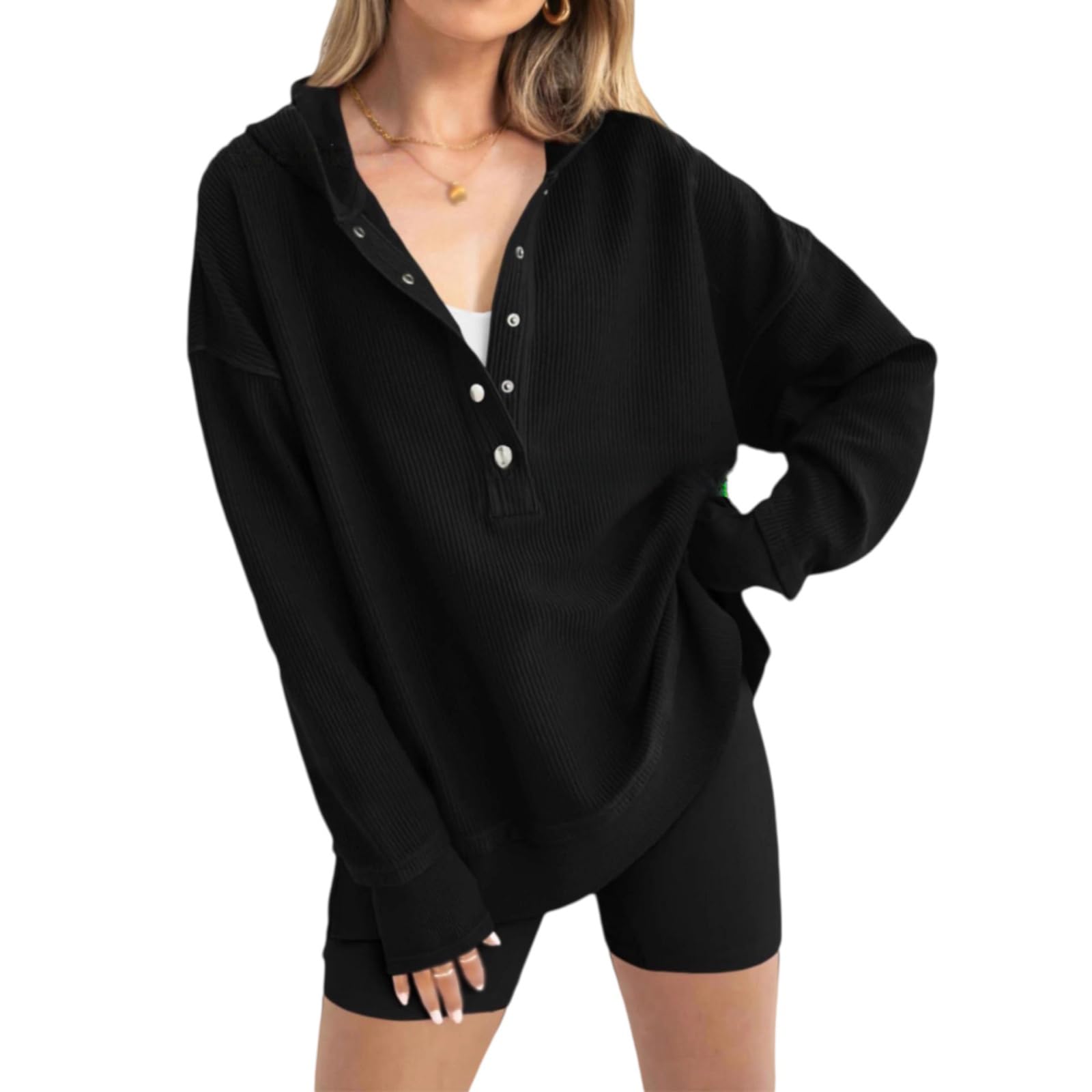 Damska bluza z kapturem oversize, dekolt w serek, rozcięcia boczne, luźny sweter, top na jesień-zimę