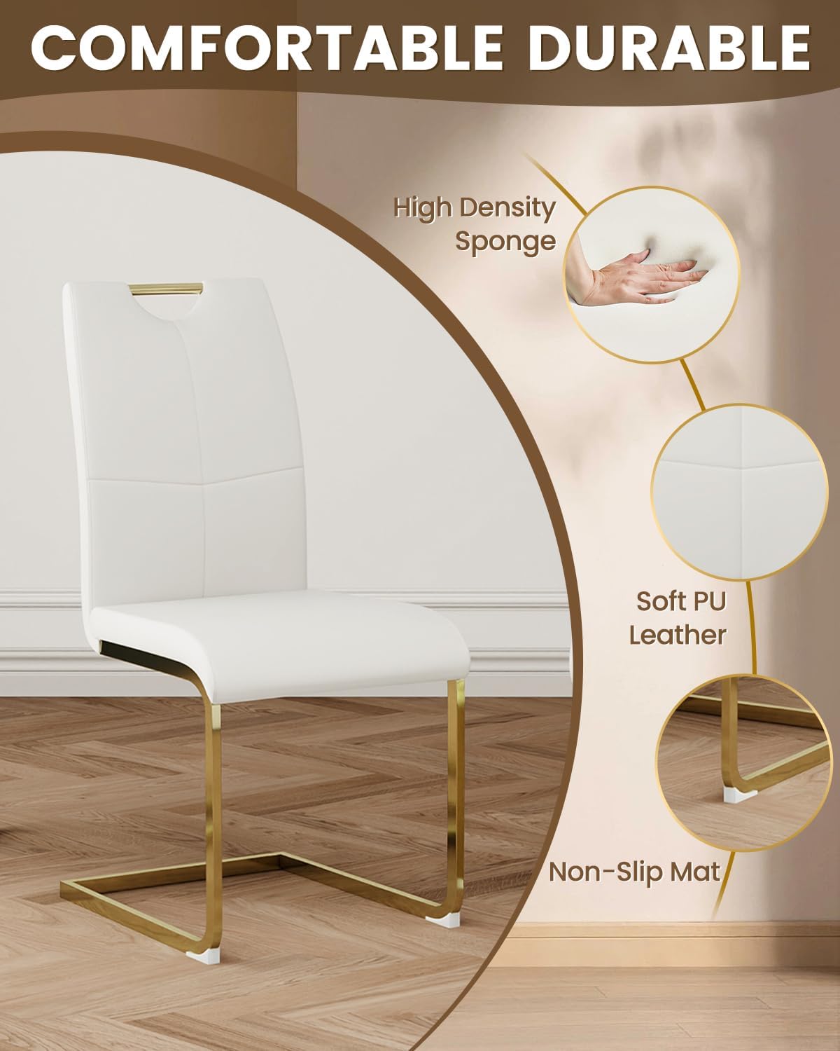 38.9''W Round Glass Dining Table Set for 4, Kitchen Table with Upholstered Leather Chairs and Gold Metal Legs 5 Pieces, Modern Dining Room Set for Apartment & Home - White Chair