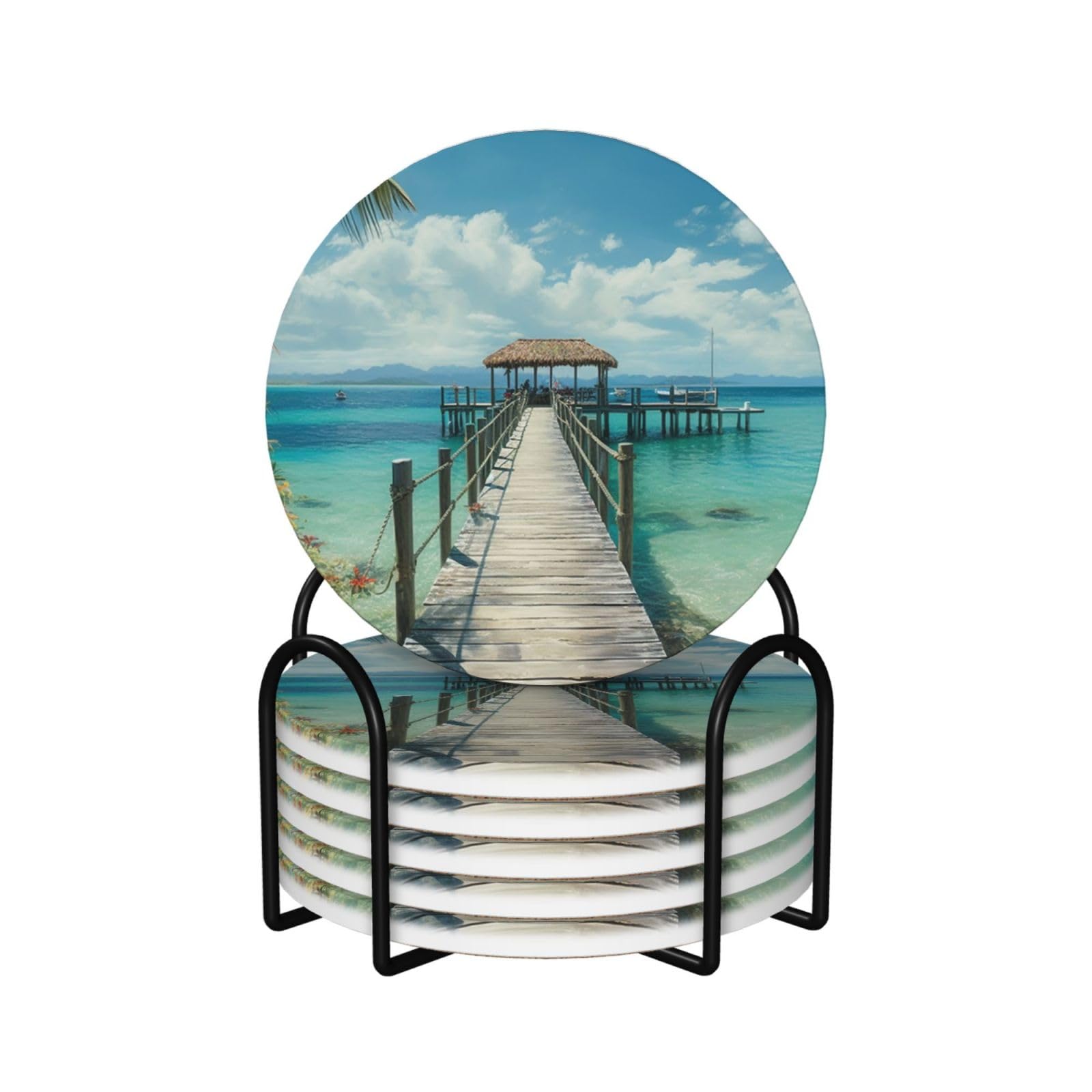 6Pcs Ceramics Coaster for Drinks, Tropical pier Cup Coasters with Holder, Aesthetic Drink Coasters for Coffee Table, Absorbent Round Coaster for Tabletop Protection 4" Cup Mat Pad