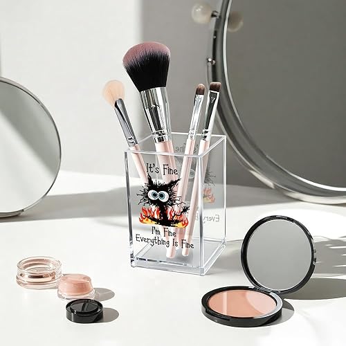 Miniatura 3 de Vgrti It's Fine I'm Fine Soporte para Lápices y Bolígrafos Cosméticos de Acrílico, Divertido Soporte para Bolígrafos de Gato Negro, Regalo para