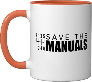Save The Manuals Stick Shift Gear Head Ceramic Mug, Orange/White