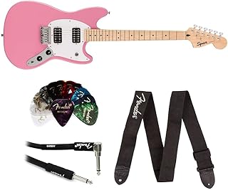 Squire Laurel Fingerboard Bundle with Classic Celluloid Guitar Picks, 12-Pack, Professional Instrument Cable (10ft) and Logo Guitar Strap. (Flash Pink, Maple Fingerboard)