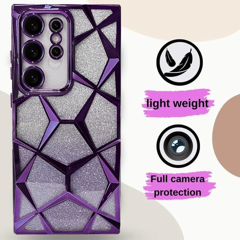 Image of VONZEE Gradient Glitter Case for Samsung S25 Ultra, Luxury Electroplated 3D Cube, Diamond Bling Shiny Soft TPU Clear Shockproof Women Girls Protective Phone Cover (Deep Purple)
