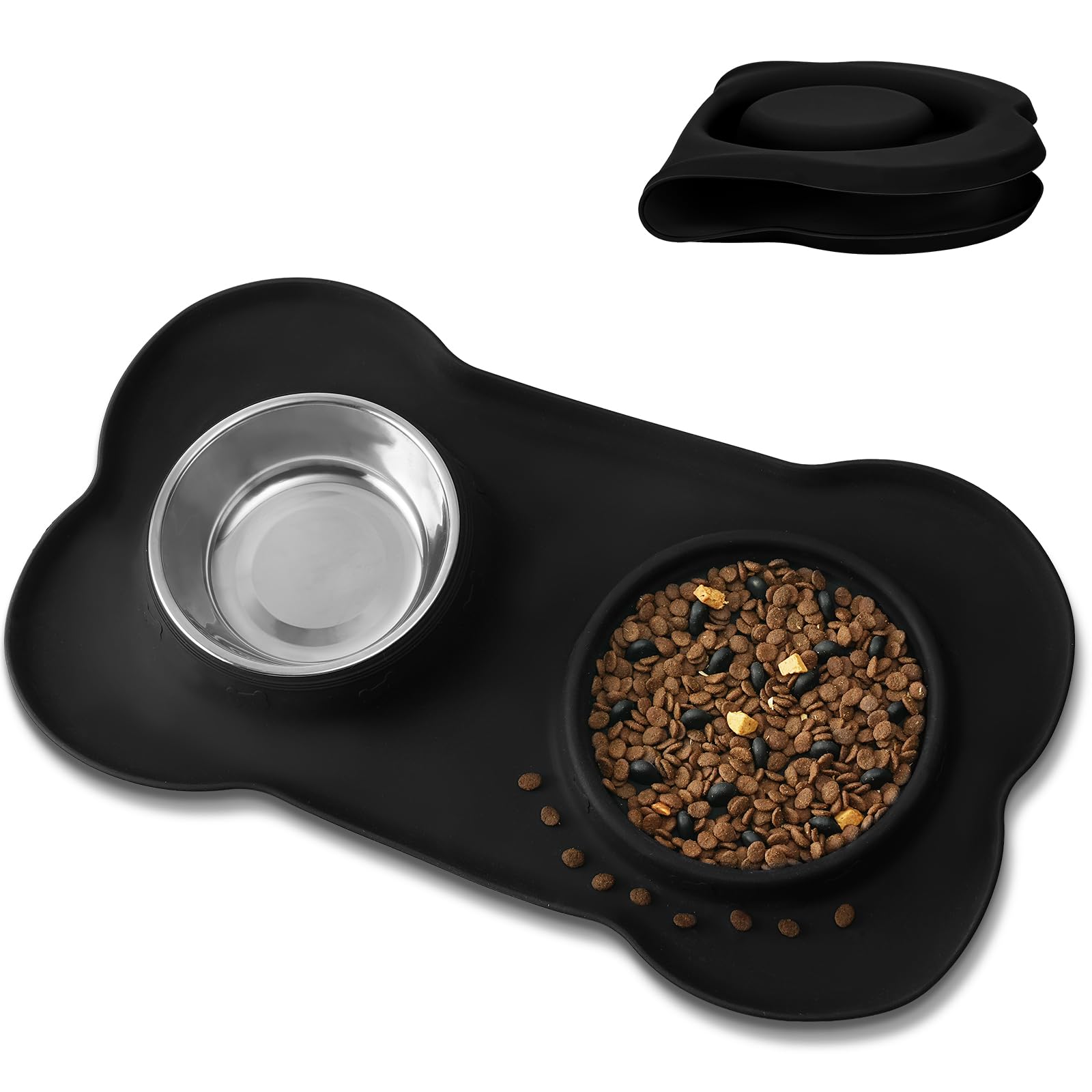 AUYAO Dog Bowls Silicone Slow Feeder Cat Bowls Non Spill Pet Water Bowl Non-Spill Dog Food Bowls Double Dog Bowl with Silicone Mat Durable Stainless Steel Water Food Pet Feeding Drinking Bowls(Black)