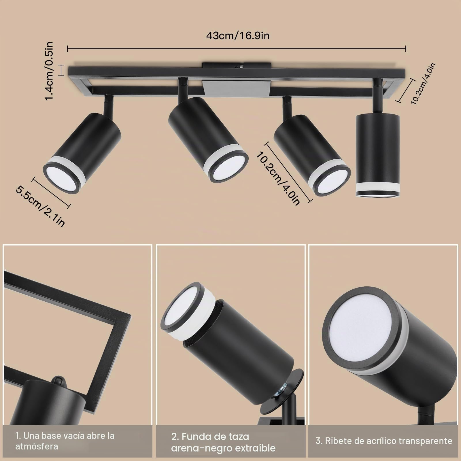GU10 Lámpara de Techo 4 Focos, LED Foco de Techo Giratorio Negro | Lámpara de Pared Orientable 350° y Foco de Pared para Dormitorio Pasillo Cocina, Max. 40W, sin Bombilla