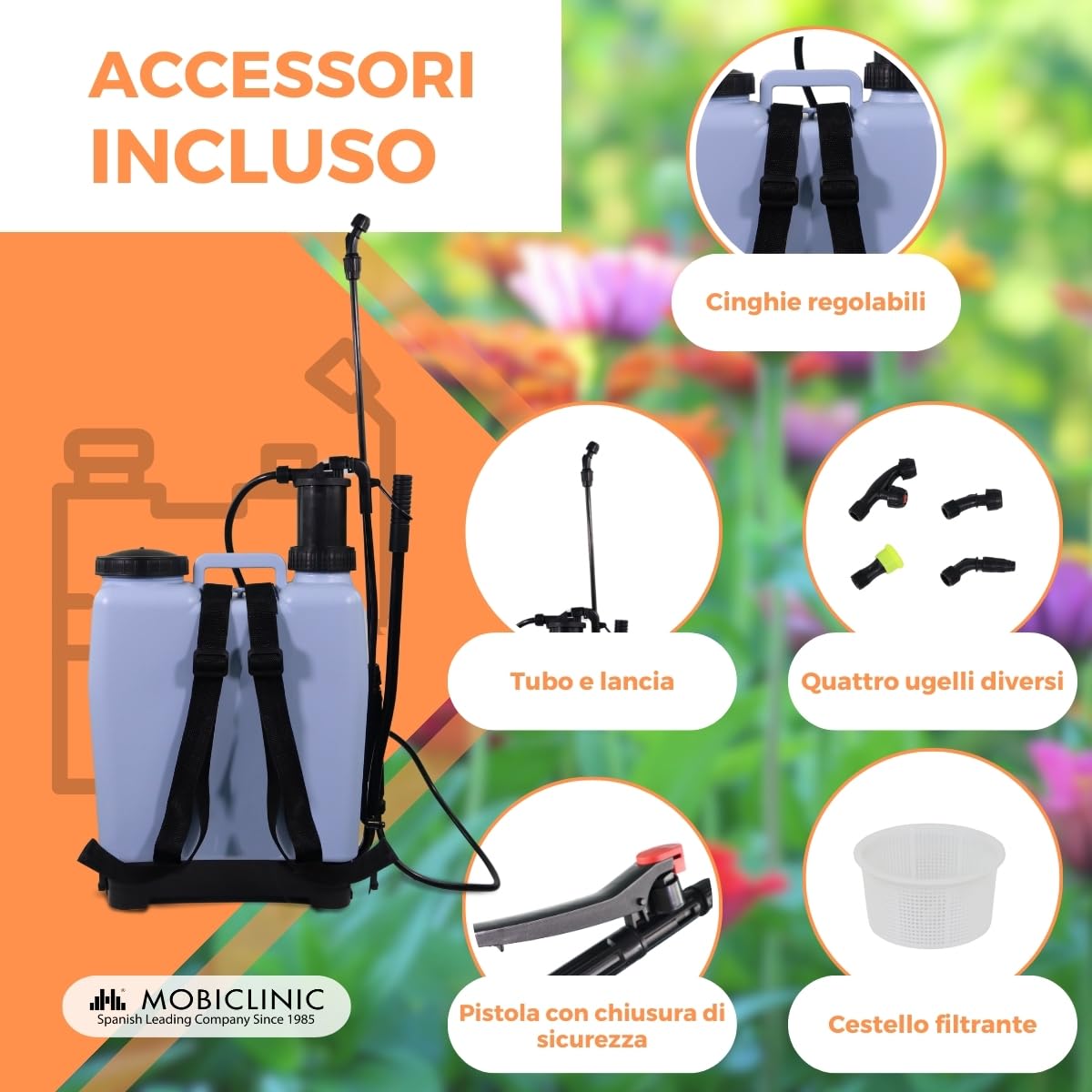 Mobiclinic®, Pompa a Pressione Manuale, 16 L, Giardinaggio, Pressione della pompa, 4 ugelli regolabili, Leggero 2 kg, Spruzzatore, Irrigazione, Controllo dei parassiti, Cura delle Piante, Fumibug