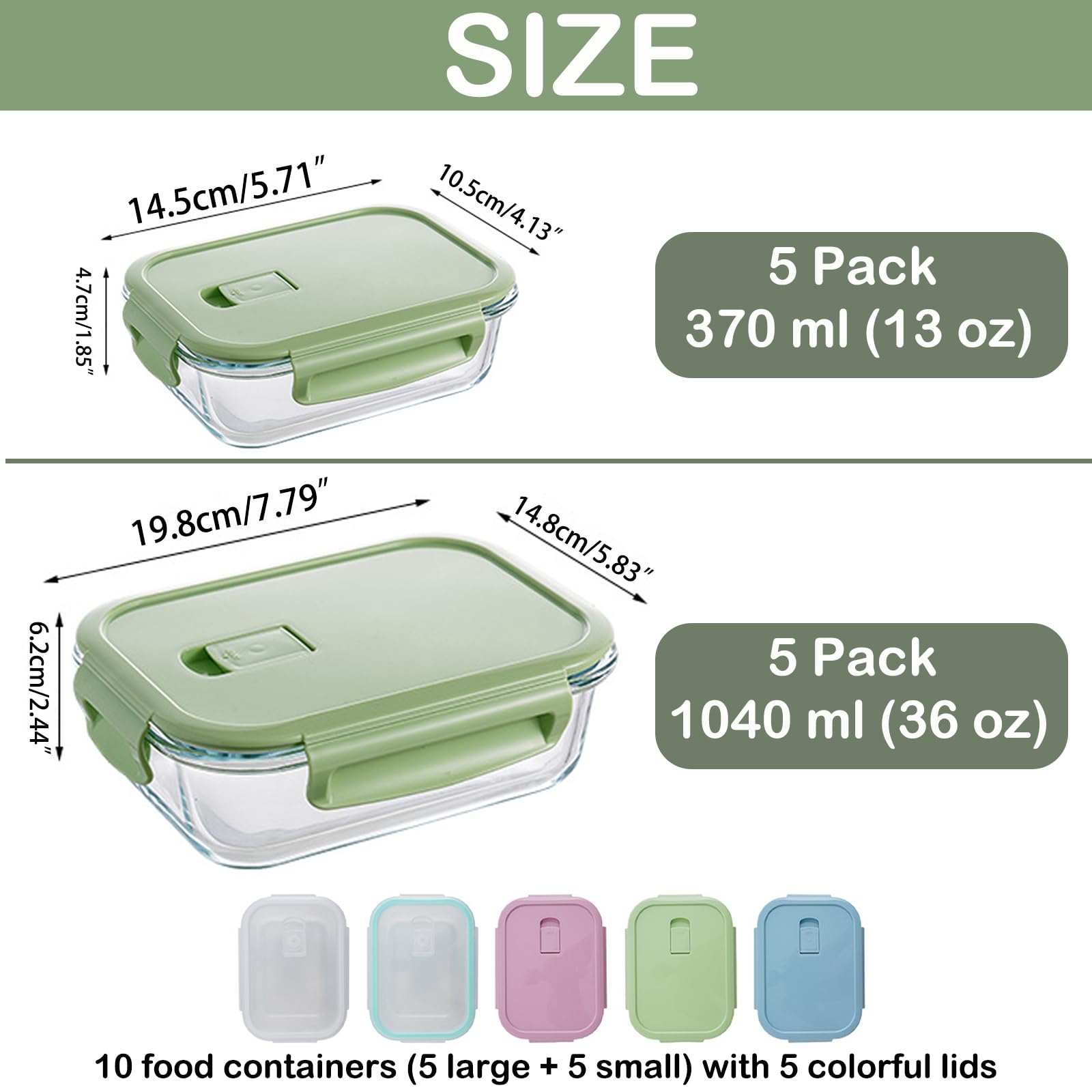 MerryNine Recipientes de vidrio para almacenamiento de alimentos, paquete de 10, 1040 ml y 370 ml, recipiente de preparación de comidas con tapas herméticas a prueba de fugas, reutilizable, seguro