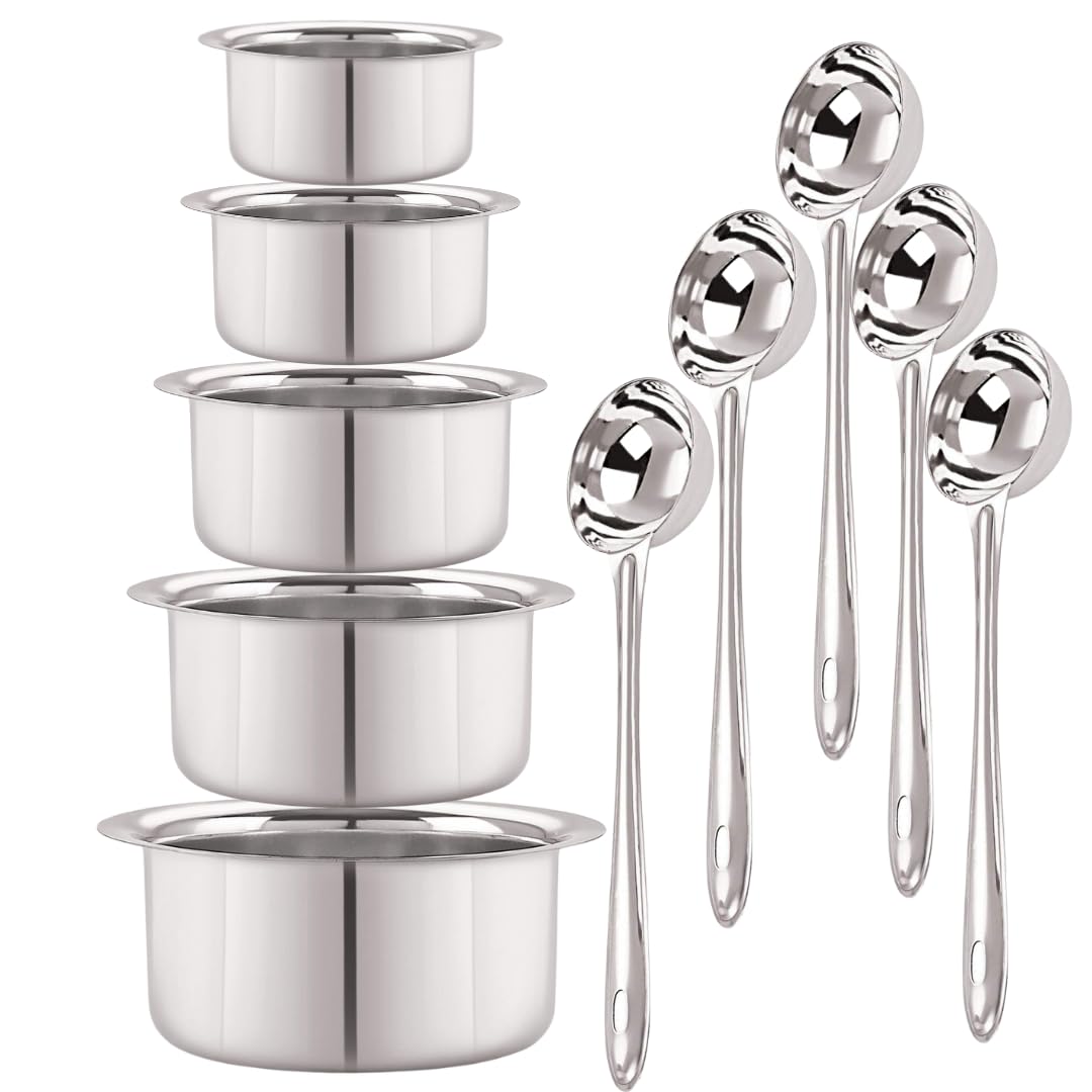 SHINI LIFESTYLE Stainless Steel Bhagona, with kalchi (22cm,21cm,20cm,19cm,18cm)