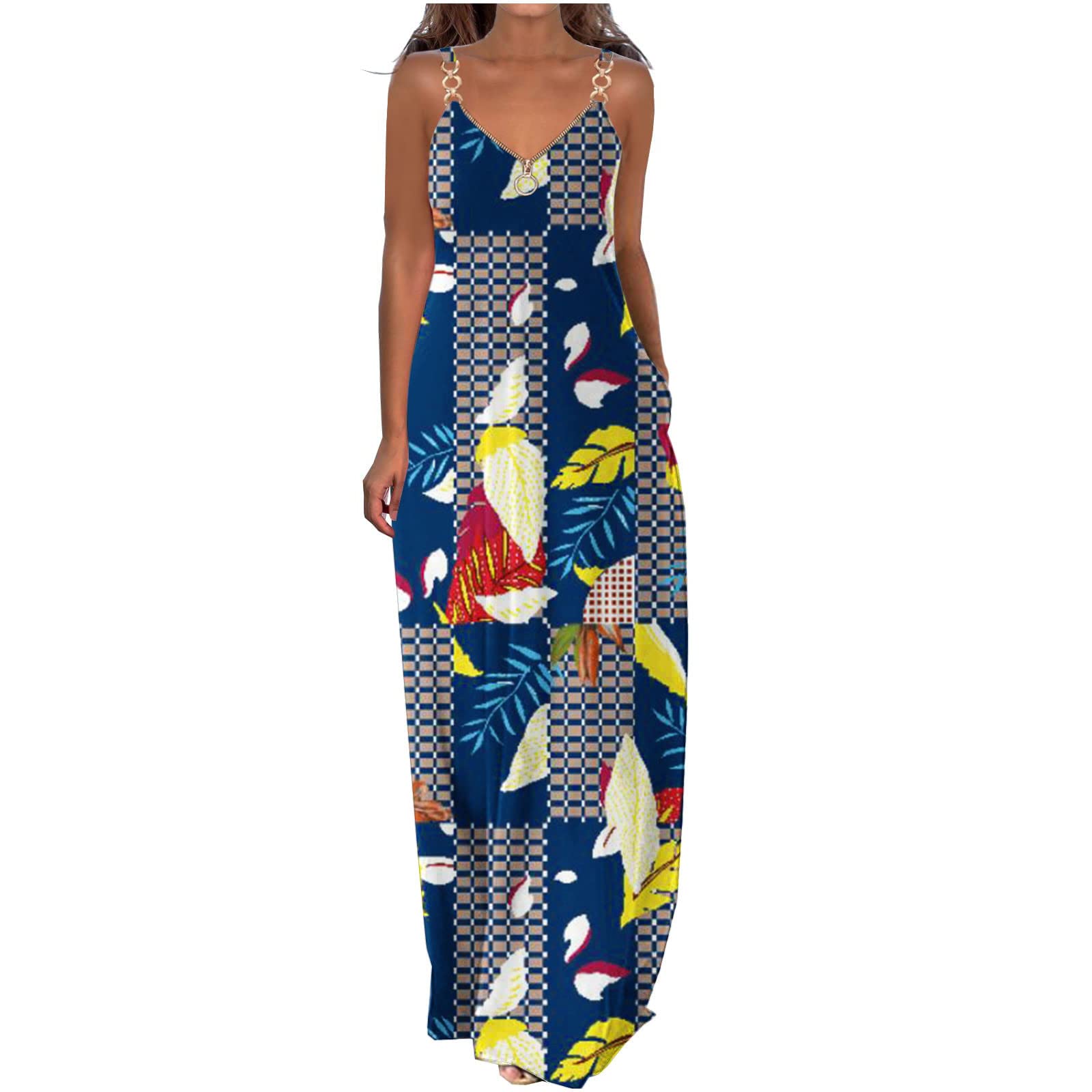 AMhomelyWomen Dress Sale Clearance Summer Dresses Casual Boho Solid Color Hoop Sling Beach Long Maxi Dress With Pockets UK Ladies Dress Party Elegant Beach Dress Club Cocktail Work Dresses Evening Gowns