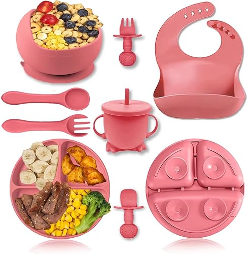 MAXTIL Juego de 8 piezas de suministros de destete LED para bebé, juego de alimentación de bebé de silicona con ventosa para bebé y tazón de bebé