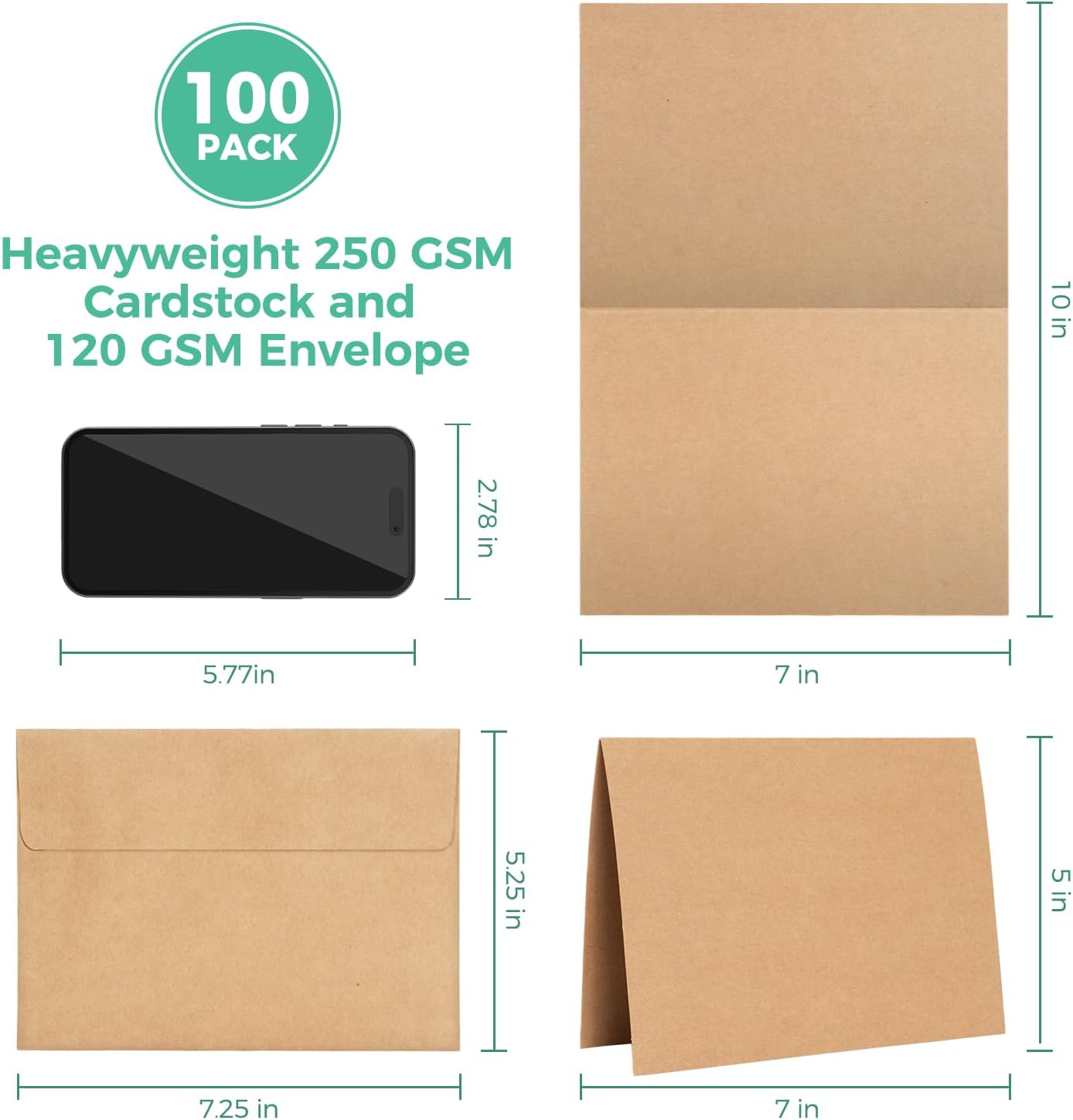 Ohuhu Blank Brown Kraft Cards and Envelopes 100 Pack - 5" x 7" Folded Cardstock Paper and A7 Envelopes for DIY Greeting Cards Wedding Birthday Invitations Baby Shower Thank You Cards and All Occasions