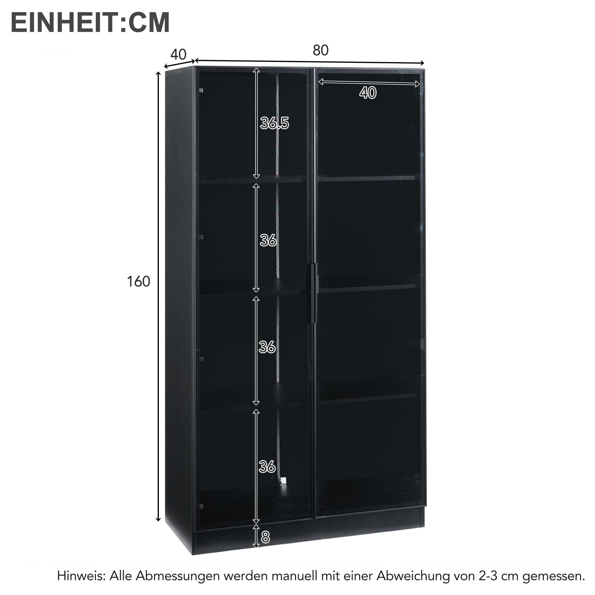 Glasvitrine mit APP LED Beleuchtung 80x40x160cm | Doppeltürige Standvitrine Schwarz | Wohnzimmer Vitrinenschrank | Verstellbare Böden | Smart Home Deko (Black-B)