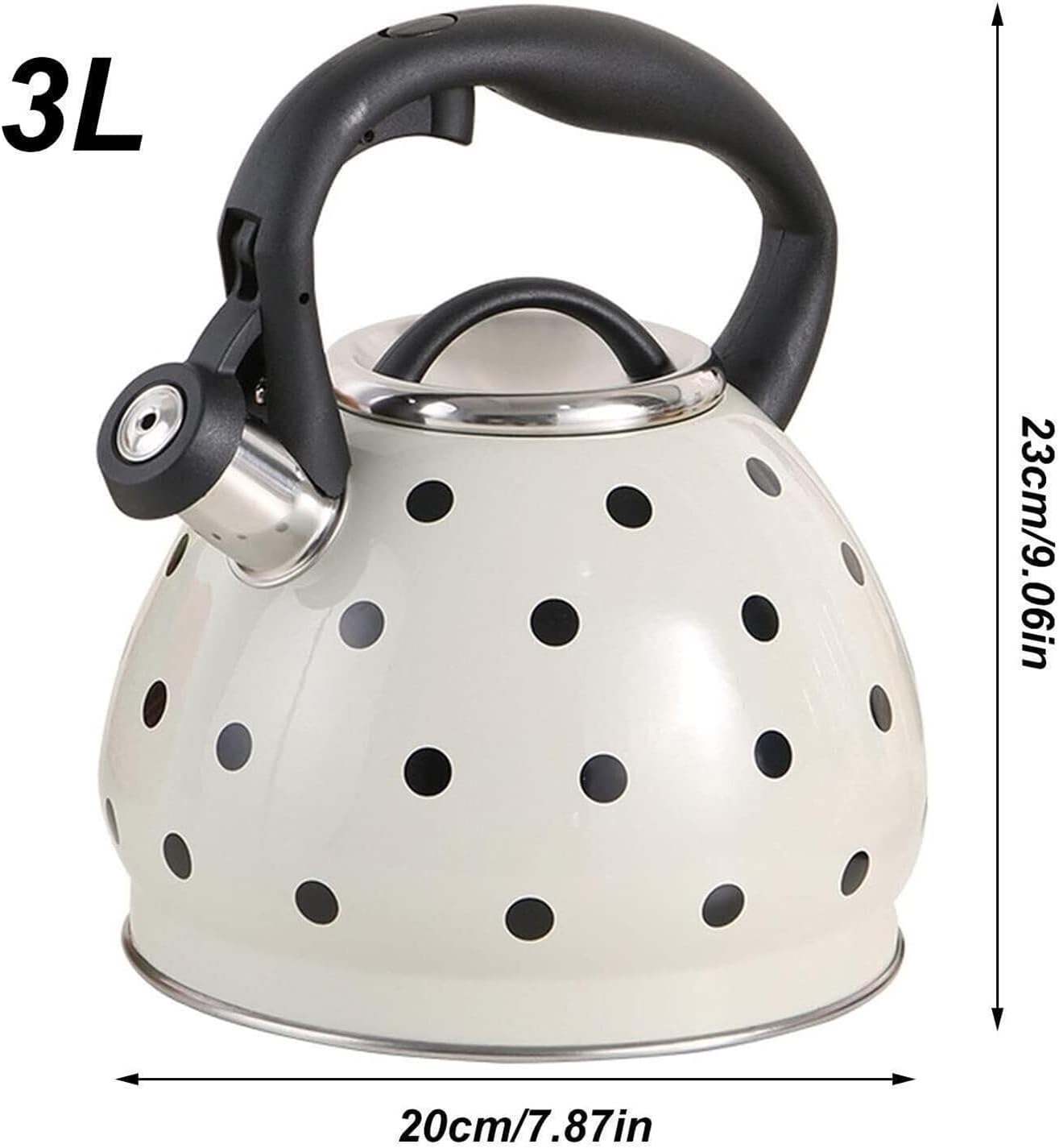 Whistling Tea Kettle for Stove Top, Black and White Polka Dot Tea Pot Stovetop, 3.2 Quart Food Grade 304 Stainless Steel Teapot with Cool Touch Ergonomic Handle for Home & Kitchen