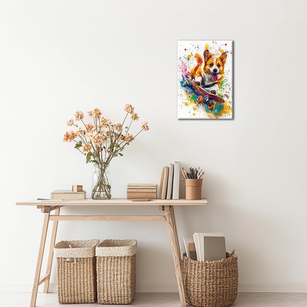 Axglnumber Corgi Wall Art Dog Play Skateboard Wall Decor Prints Framed Dog Wall Art Colorful Pictures Painting Poster 12x18 inches